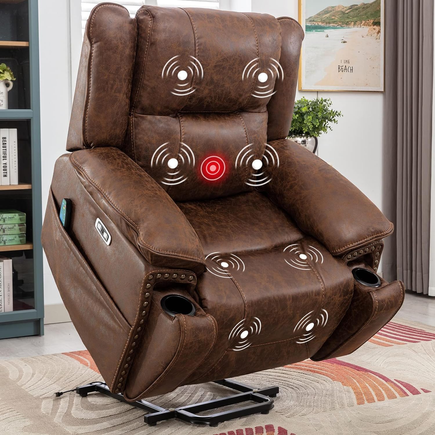 CANMOV Electric Faux Leather Recliner Dual Motor Large Power Lift Chairs with Massage and Heat for Elderly Big People, with Adjustable Headrest, 2 Concealed Cup Holders, USB Ports, Brown