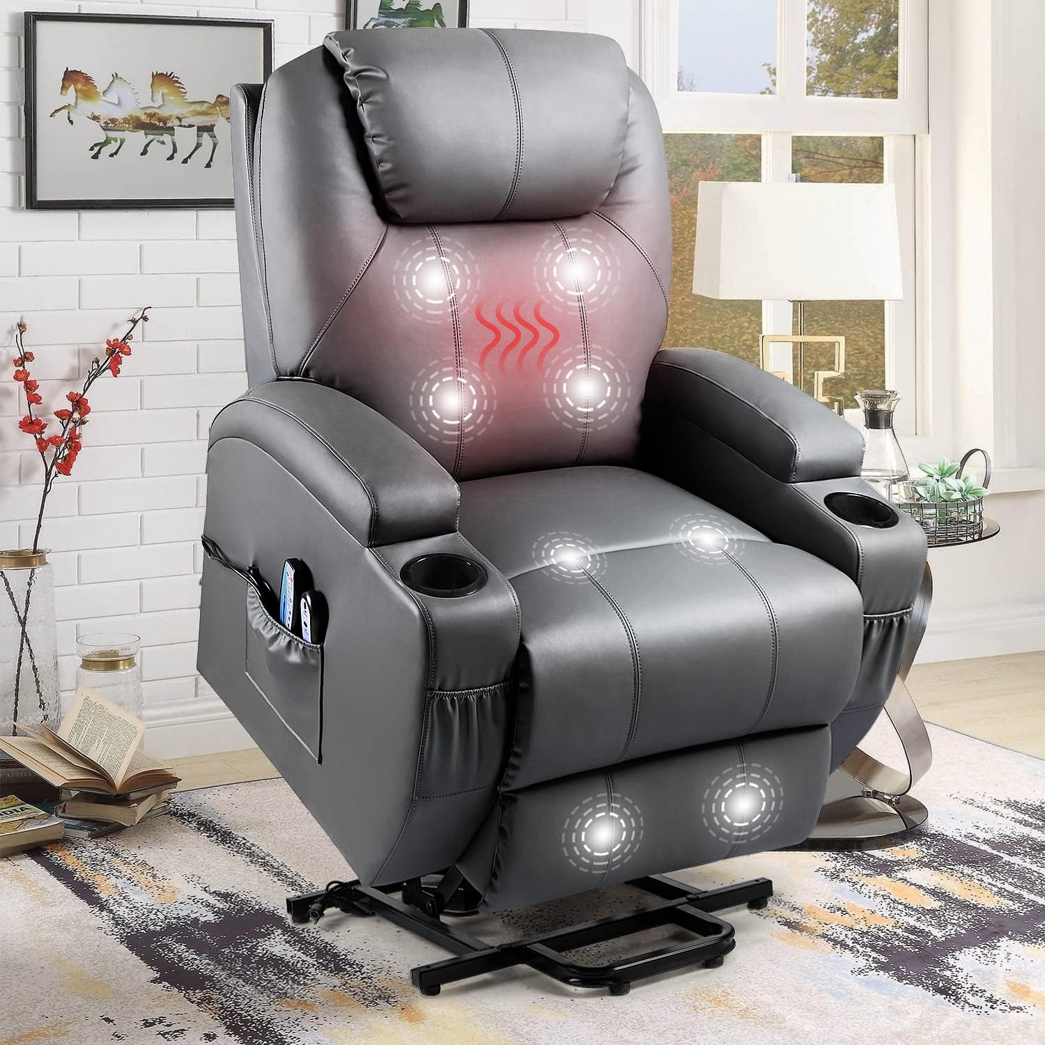 YESHOMY Power Lift Recliner Chair with Massage and Heating Functions, PU Leather Sofa with Remote Control and Two Cup Holders, Suitable for Living Room, Silver