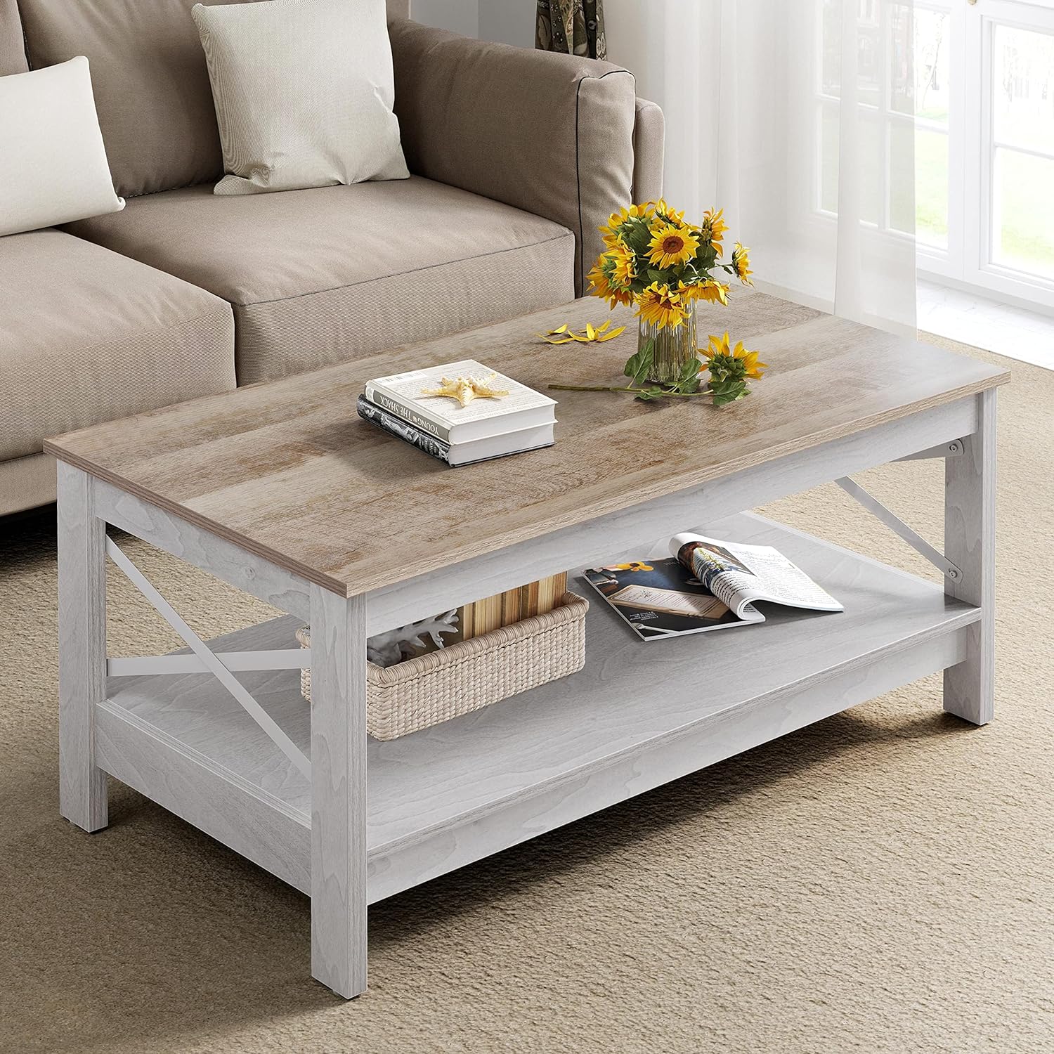 YITAHOME Coffee Table for Living Room,Modern Farmhouse Coffee Table with Storage,2-Tier Center Table for Living Room Wood Living Room Table Accent Cocktail Ends Table with Sturdy Frame,Grey Wash