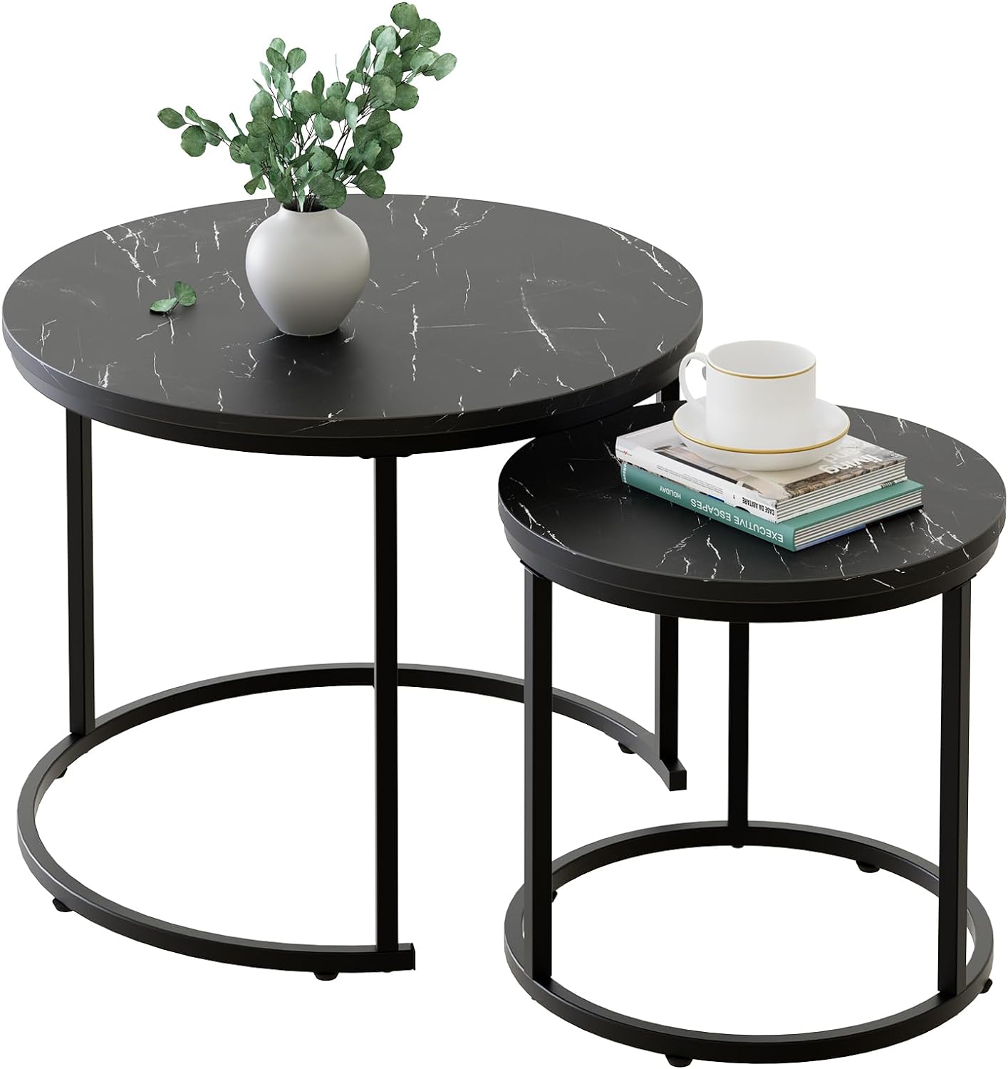 aboxoo Round Nesting Coffee Table Side Table Set of 2 End Tables for Living Room Bedroom Balcony,Black Faux Marble Wooden Table 23.6IN Accent Large Coffee Table with Steel Frame