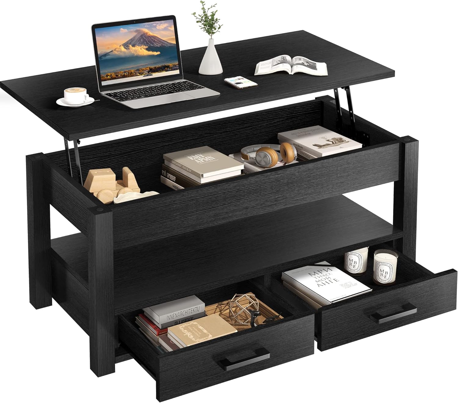 FABATO 41.7'' Lift Top Coffee Table with 2 Storage Drawer Hidden Compartment Open Storage Shelf for Living Room Folding Wood End Table (Black)