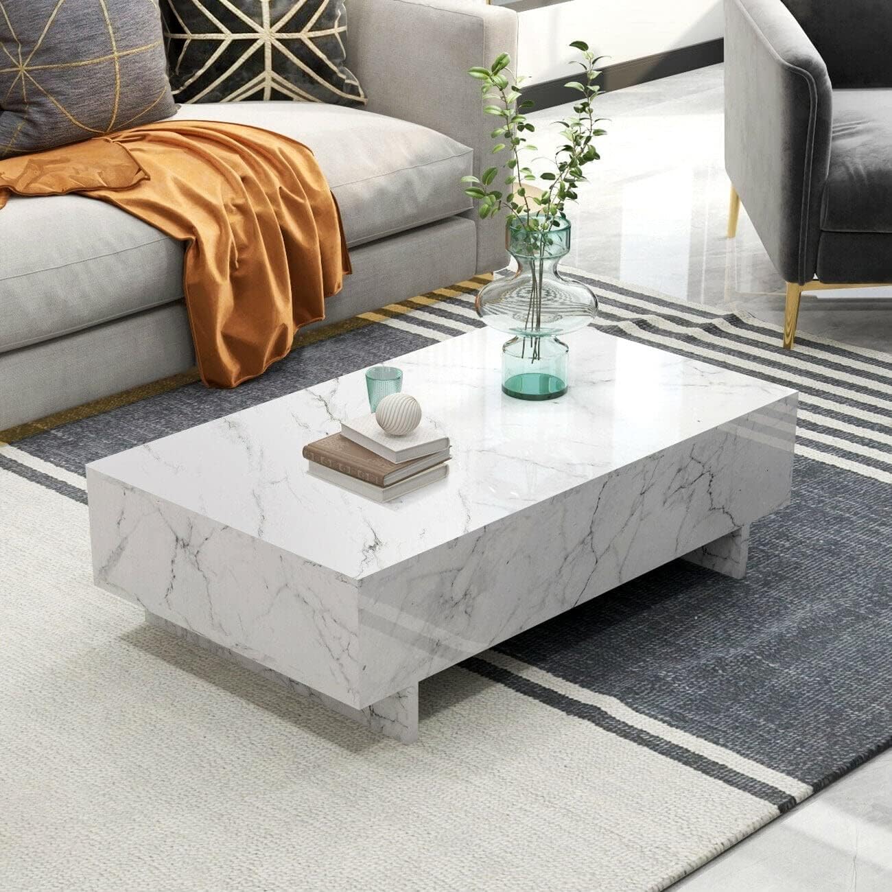 COSVALVE 41 Marble White Cool Coffee Table for Living Room,Rectangular Glossy Smart Contemporary Center Table for Waiting Area,White