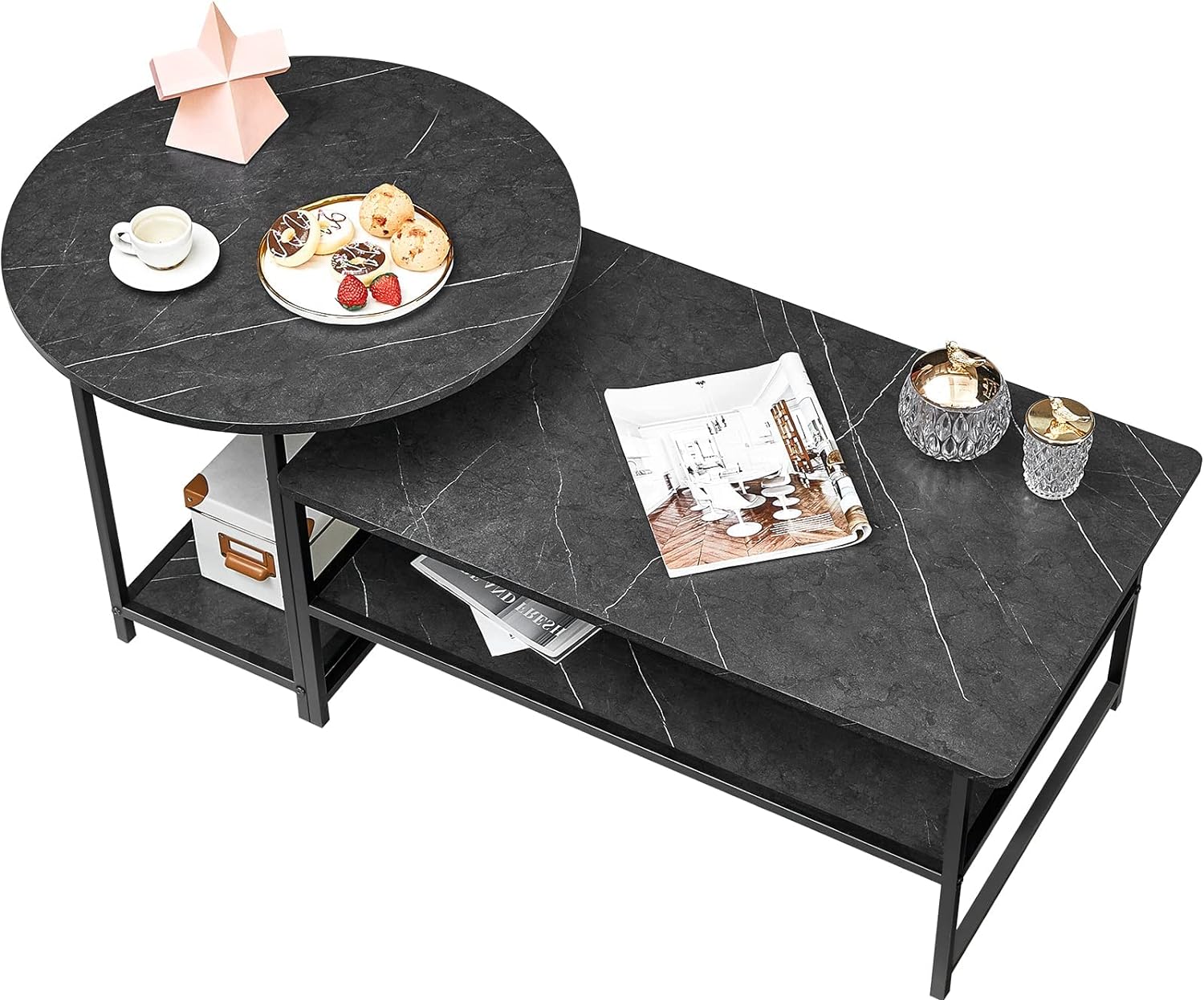 WOHOMO Coffee Table, Black Modern Coffee Tables for Living Room 2 in 1Detachable Small Center Table Set with Storage, Black Marble