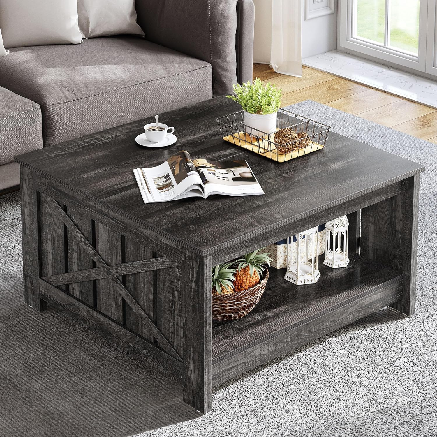 YITAHOME Coffee Table with Storage,Farmhouse Coffee Table Rustic Wood Cocktail Table,Square Living Room Table for Living Meeting Room with Half Open Storage Compartment,Dark Rustic Oak