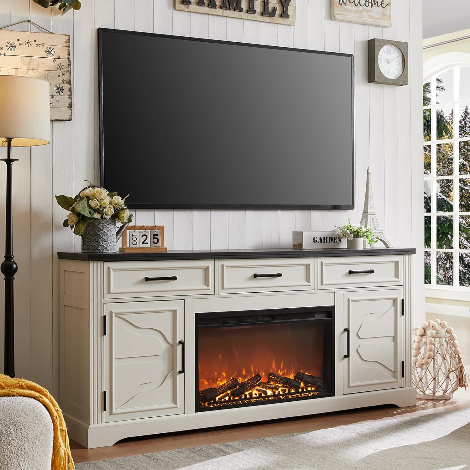 JXQTLINGMU Farmhouse Fireplace TV Stand for Up to 80 Inch TV, Entertainment Center with 30 Electric Fireplace for 65 75 Inch TV, 70 TV Stand with Storage Cabinet Drawer for Living Room (Off White)