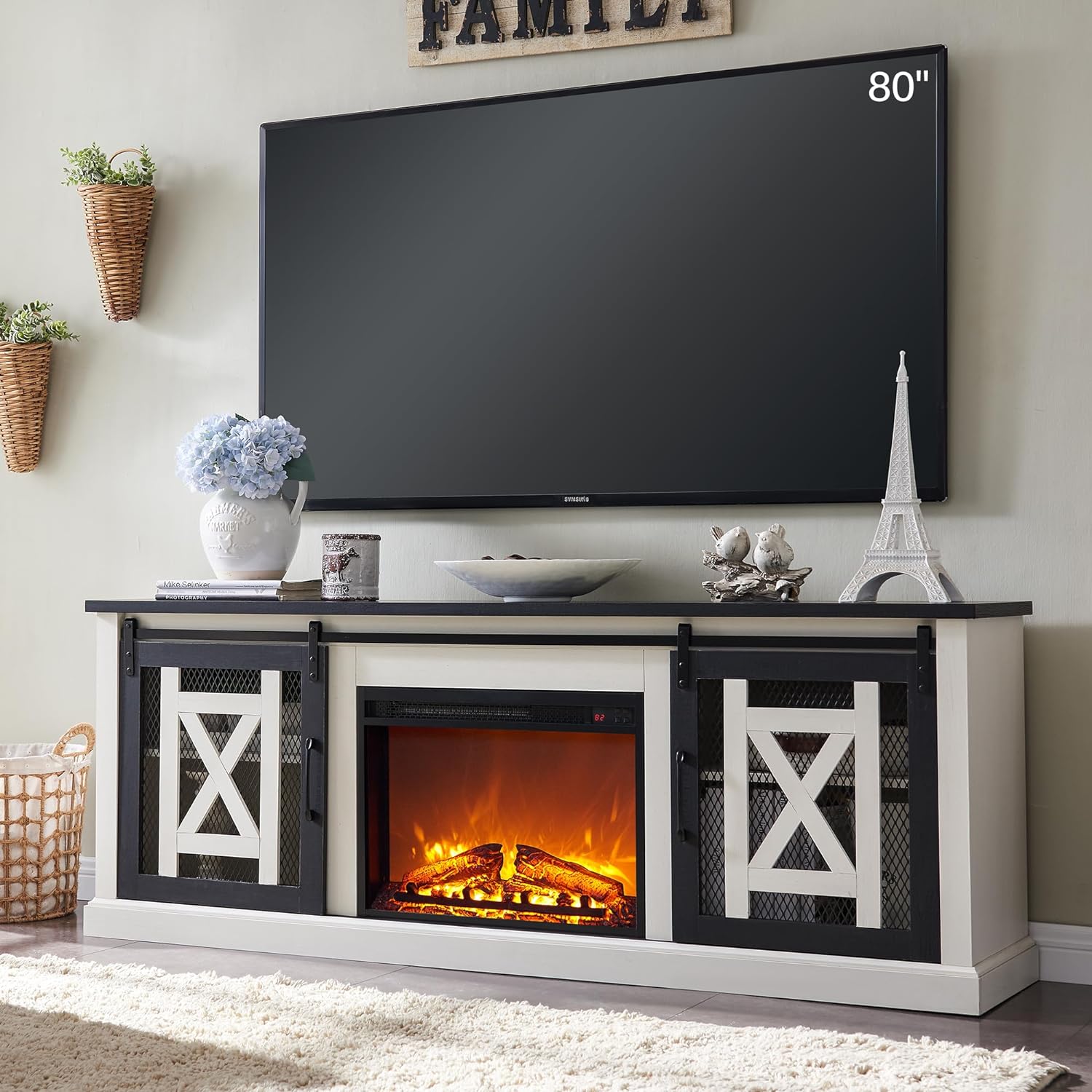 JXQTLINGMU Electric Fireplace TV Stand for TV' up to 80 Inches, Farmhouse Entertainment Center w/Sliding Barn Door & Adjustable Storage Shelves, 70 Large Media Console Table for Living Room, White