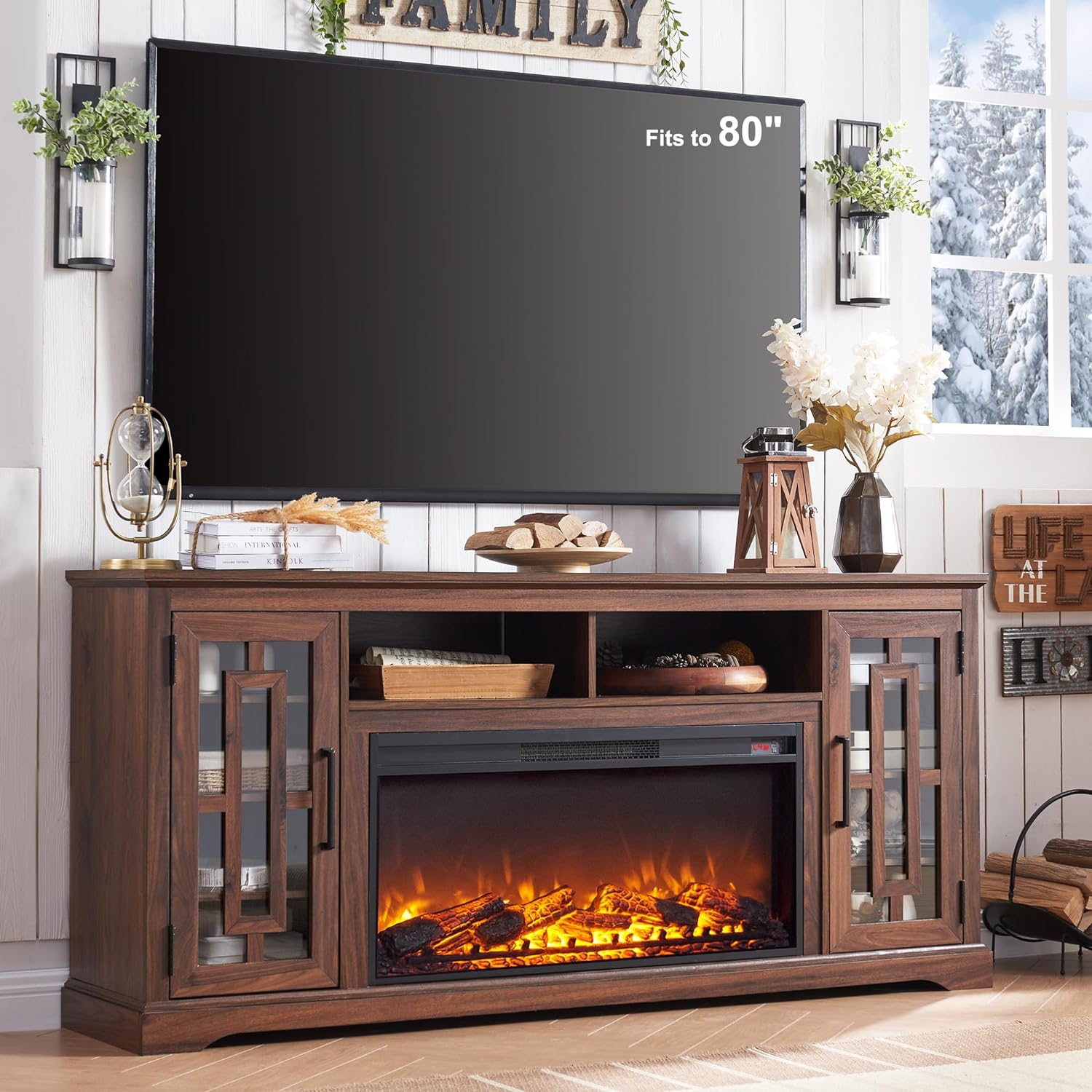 JXQTLINGMU Fireplace TV Stand with 36 Electric Fireplace for 75 80 Inch TV, Farmhouse 32 Tall Highboy Entertainment Center w/6 Shelves, Modern Media Console Storage Cabinet for Living Room, Brown