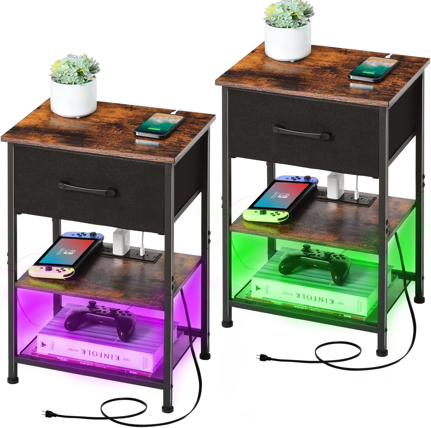 Nightstands Set of 2 with Charging Station and Drawer, End Table Side Table with 20 Colors LED Light Strip and 2 Layers Shelf for Bedroom Living Room Sofa (Rustic Brown)