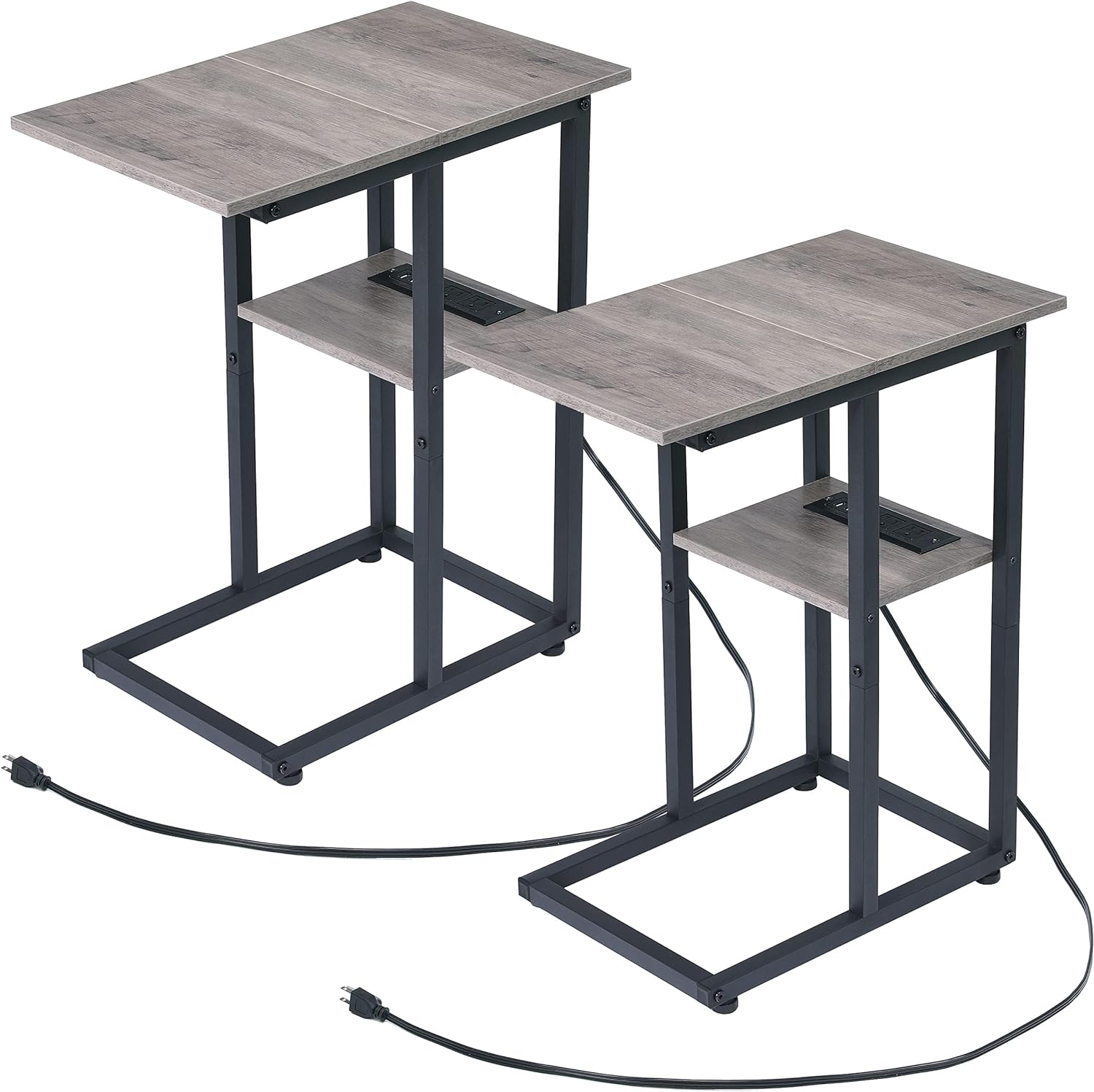 Side Table with Charging Station Set of 2 - Small C Table Narrow End Table with Metal Frame for Living Room Bedroom Small Spaces (Grey)