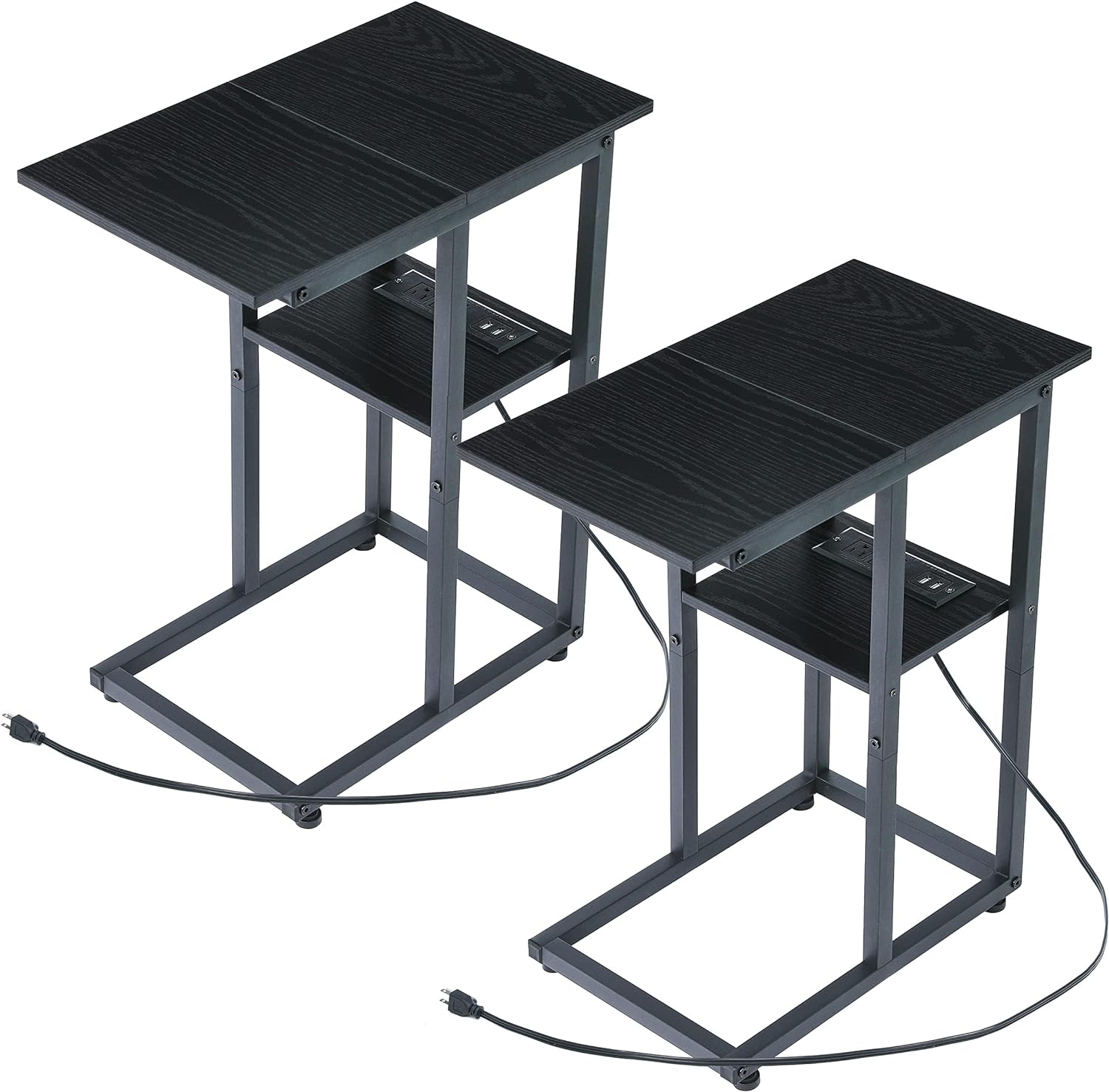 Side Table with Charging Station Set of 2 - Small C Table Narrow End Table with Metal Frame for Living Room Bedroom Small Spaces (Black)