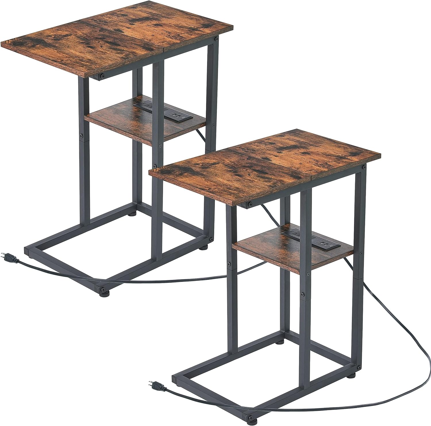 Side Table with Charging Station Set of 2 - Small C Table Narrow End Table with Metal Frame for Living Room Bedroom Small Spaces (Rustic Brown)