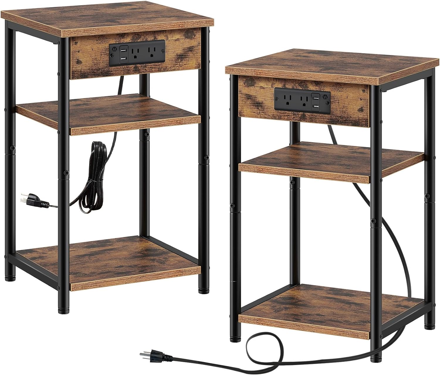 Rolanstar End Table with Charging Station, Set of 2 Nightstand with 3 Storage Shelves, Narrow Side Table with USB Ports & Power Outlets, Small Sofa Table for Living Room or Bedroom, Rustic Brown