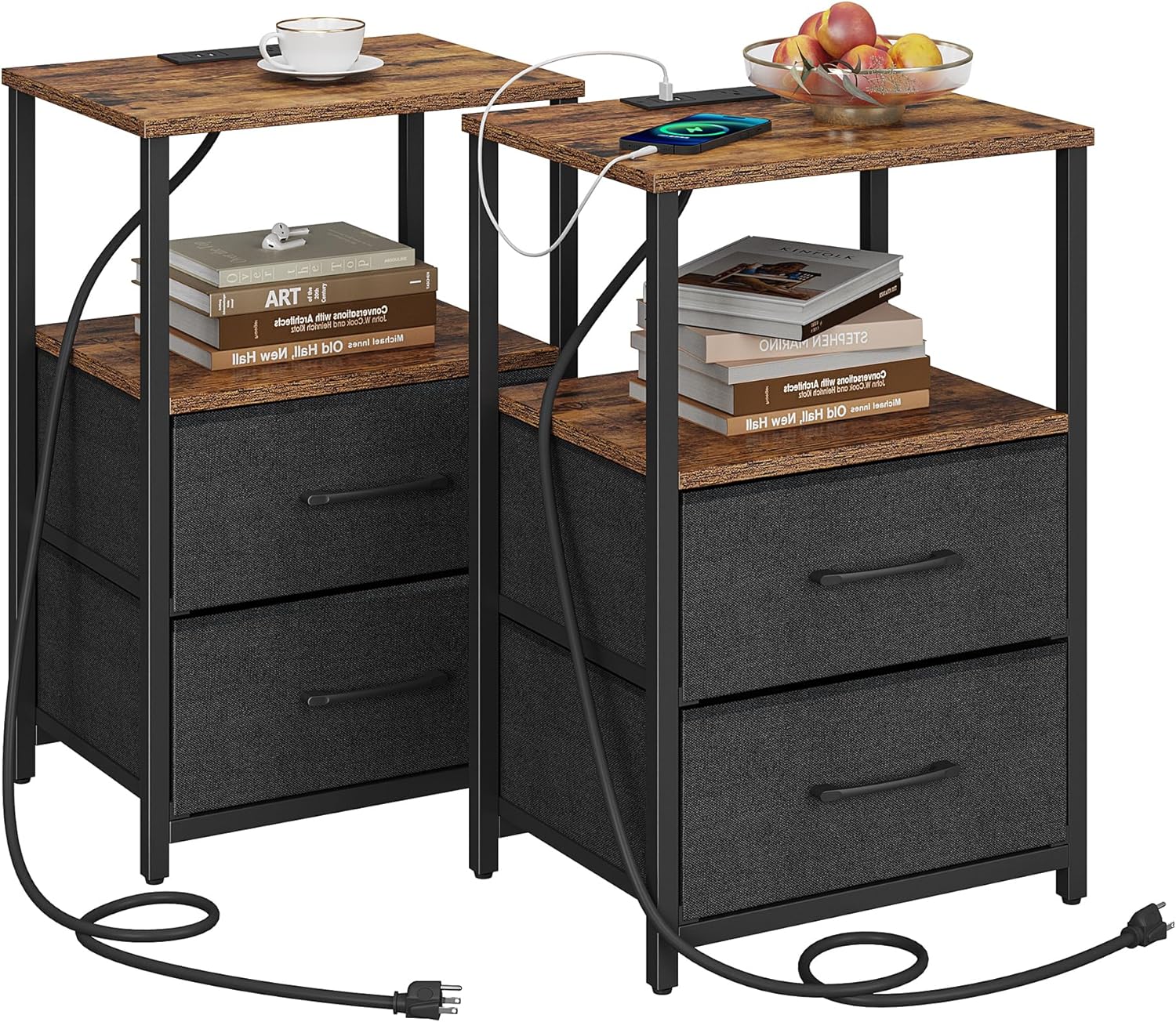 TUTOTAK End Table with Charging Station, Side Table with 2 USB Ports and Outlets, Nightstand with Cloth Drawer, Set of 2, Couch Table, Brown and Black TB01BB052K