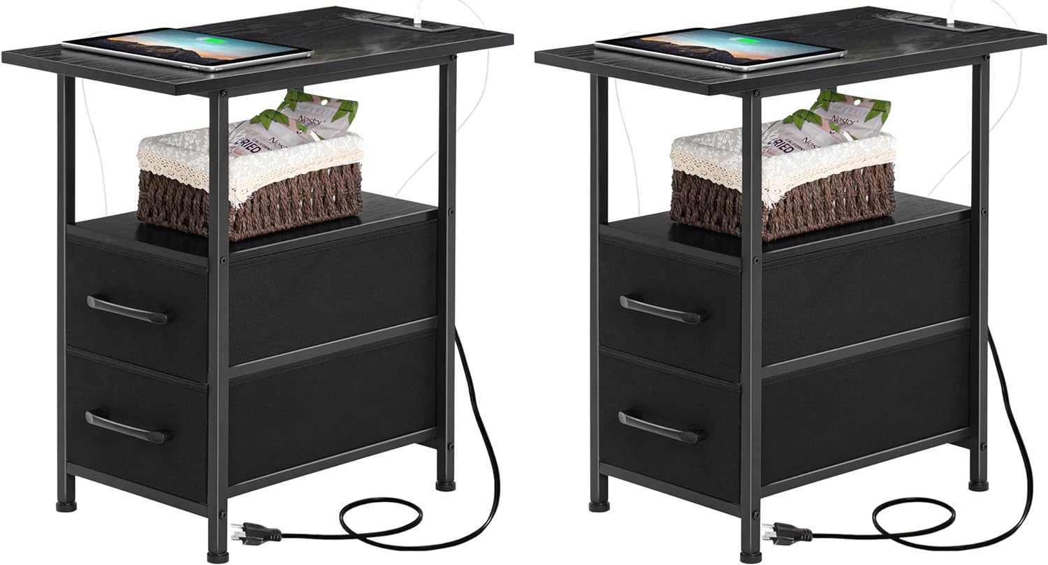 End Table Living Room with Charging Station, Set of 2 Narrow Side Tables with LED Lights, Night Stand Small Bedside Tables with Drawers and USB C Port, for Small Spaces, Bedroom, Black