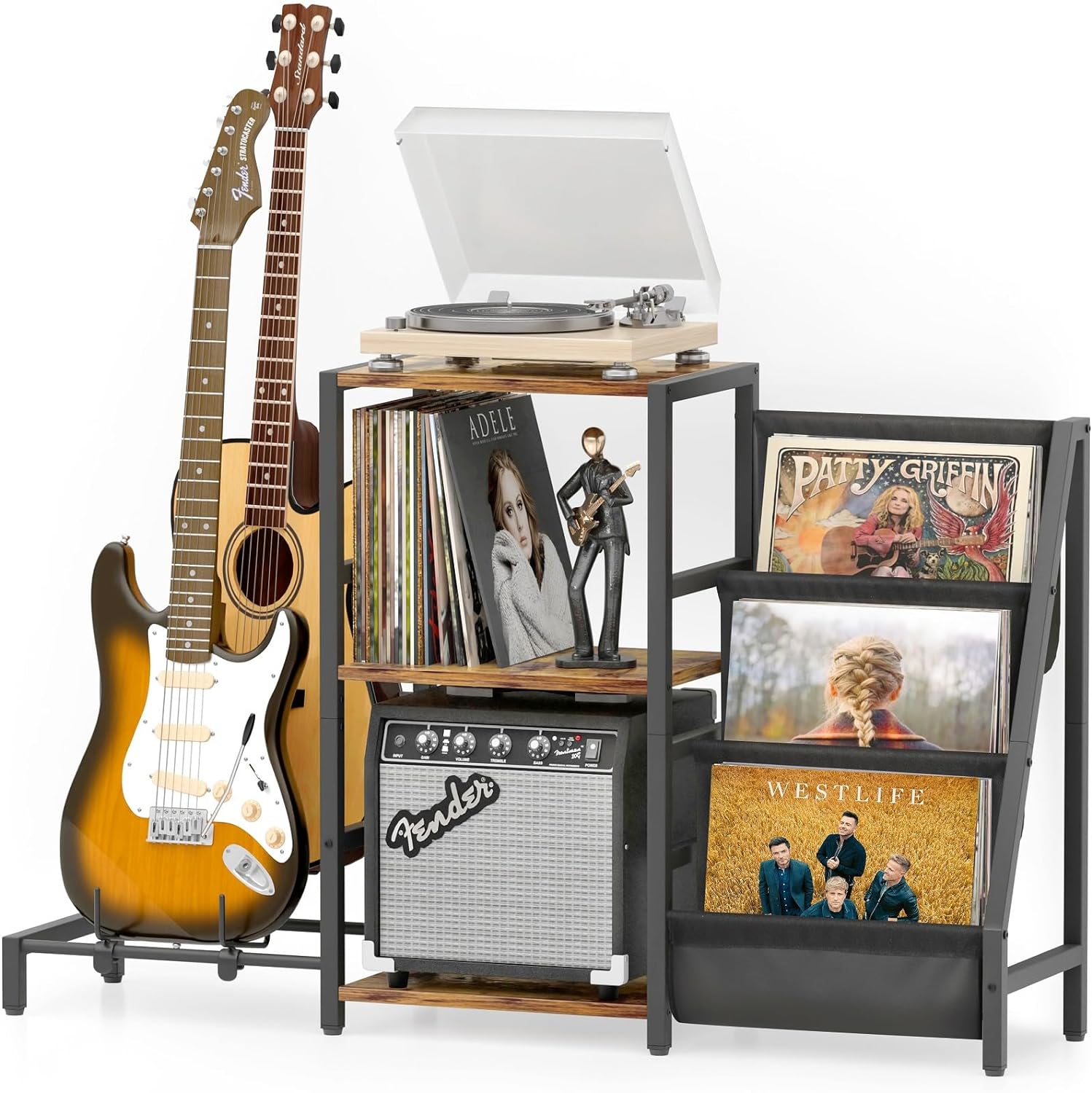 Bikoney Record Player Stand, Guitar Stand for Acoustic, Electric Guitar, Bass with Amp Stand, 3-Tier Vinyl Record Storage Up to 200 Albums, Record Player Table for Record Player, Speaker, Amplifier