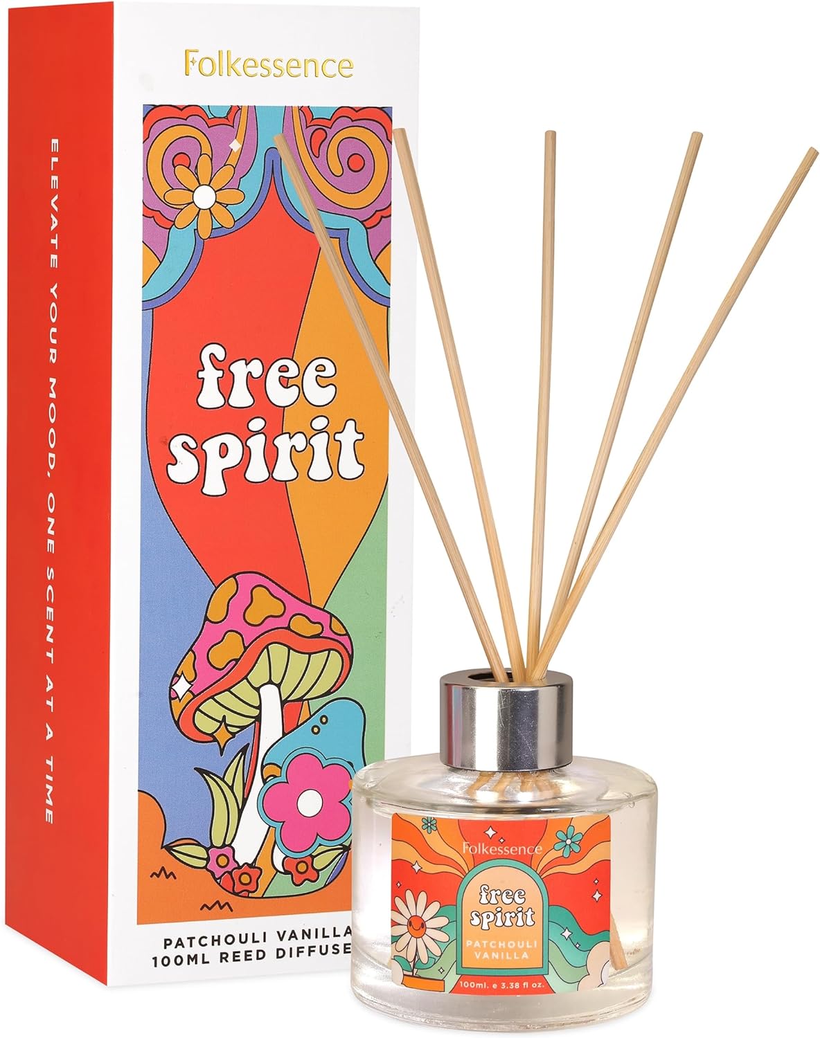 Folkulture Reed Diffusers for Home, 3.38 fl oz (100 ml) - Oil Diffusers with 6 Reed Diffuser Sticks, Organic Reed Diffuser or Scent Diffuser Bottle For Room Fragrance - Patchouli Vanilla (Free Spirit)