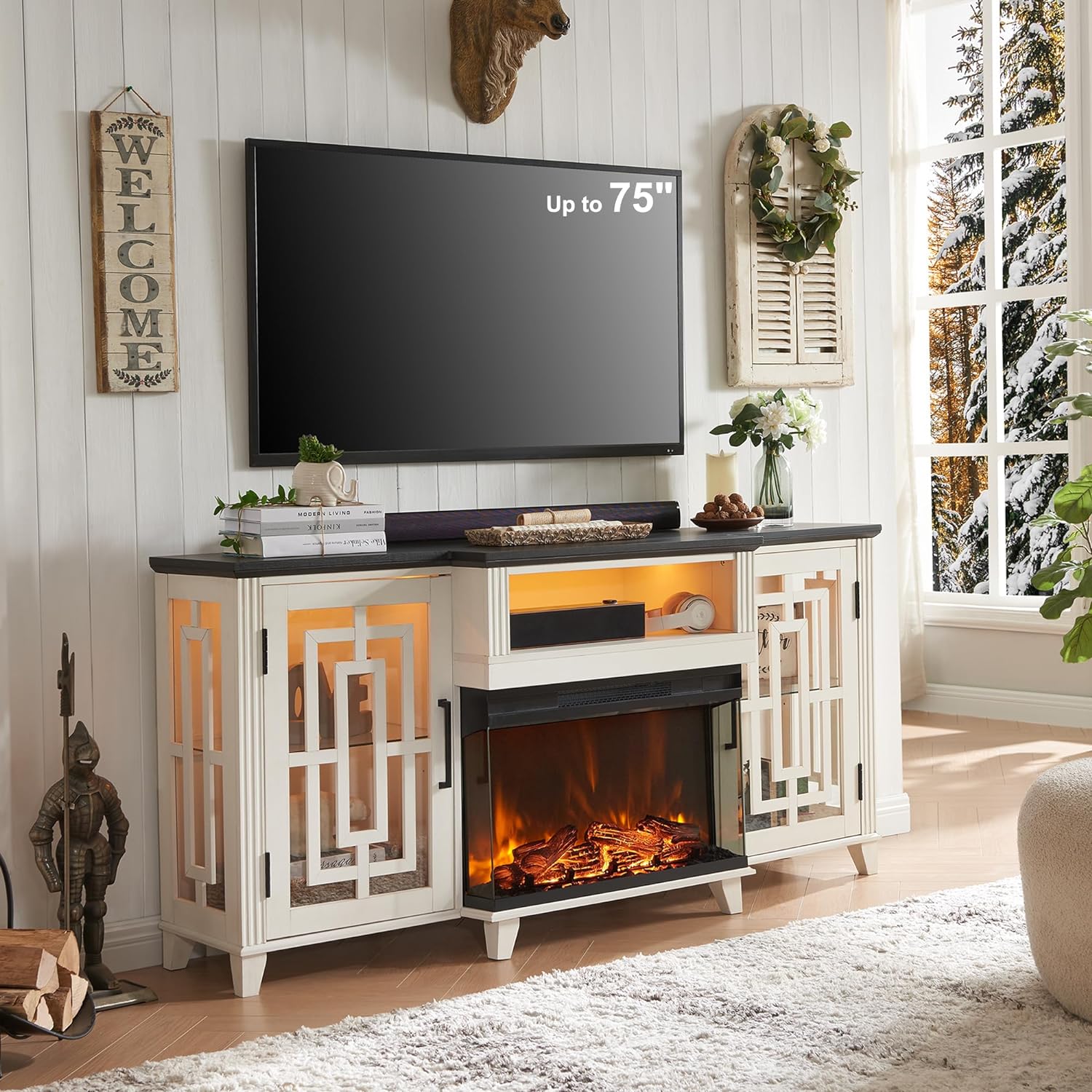 JXQTLINGMU 3-Sided Glass Fireplace TV Stand for 75 Inch TV, Large Farmhouse Media Console with LED Light, Highboy Entertainment Center with 3 Side Cutouts Glass Doors for Living Room, Antique White