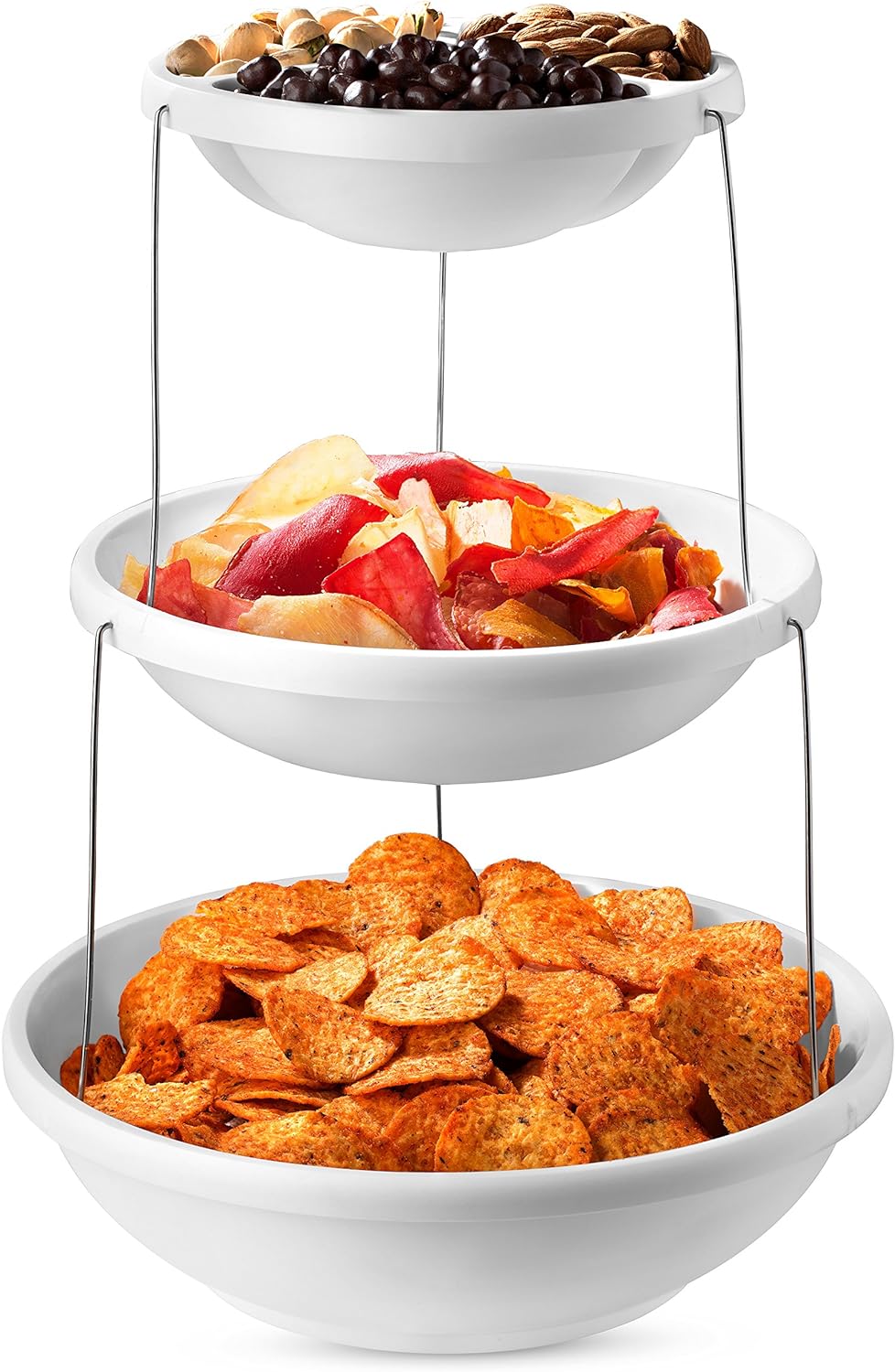 Masirs 3-Tier Collapsible Bowl: Decorative Design Folds for Minimal Storage. Ideal for Serving Snacks, Salad, and Fruit. Top Bowl Divided into Three Sections.