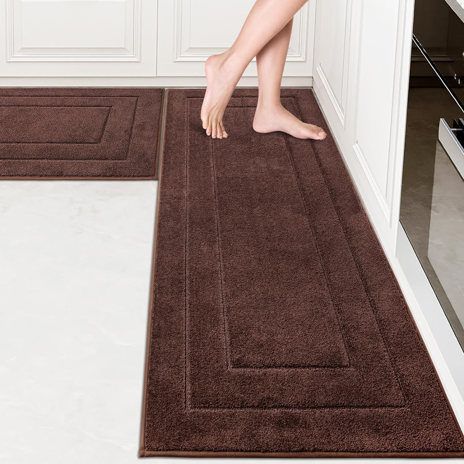 PURRUGS Machine Washable Kitchen Rug Set of 2, Non-Slip/Skid Kitchen Runner Rugs & Floor Mats, Super Absorbent Soft Standing Mats for Kitchen, Laundry & Sink, Rolled Packaging, Brown