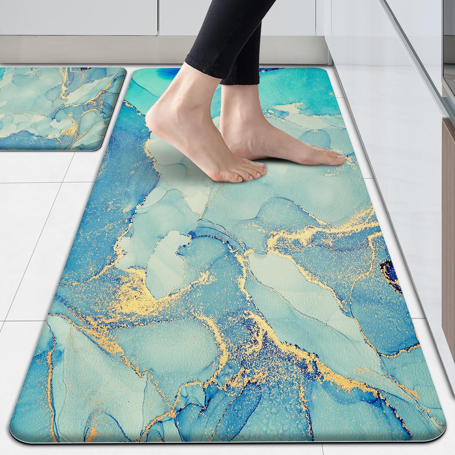 Anti Fatigue Kitchen Mat Cushioned Teal Kitchen Rugs Gold Marble Kitchen Accessories Non-Skid & Waterproof Ergonomic Comfort Mat for Kitchen Floor Sink Office Laundry