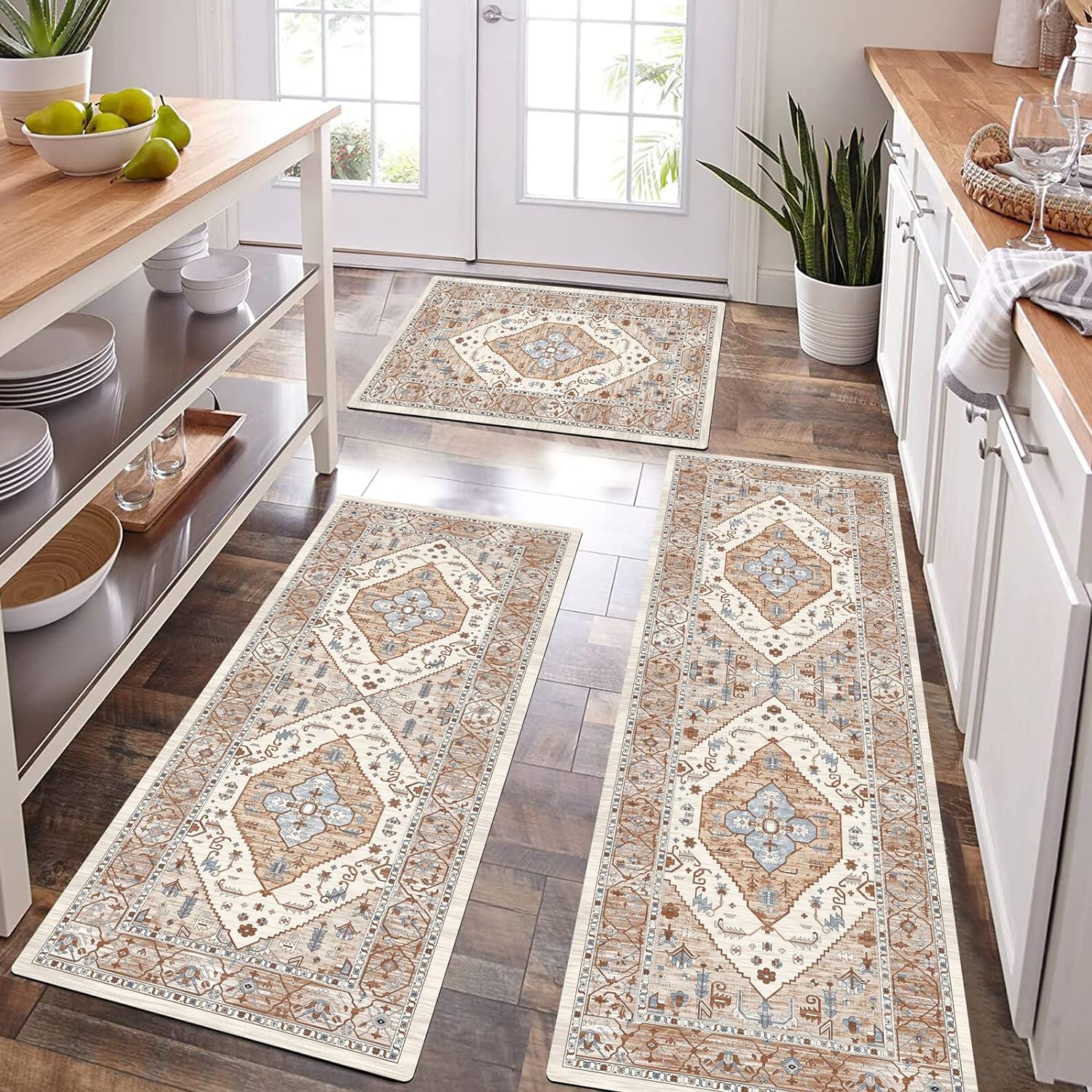 Pauwer Boho Kitchen Rugs Sets of 3 Farmhouse Kitchen Runner Rugs and Mats Non Skid Washable Kitchen Mats for Floor Cushioned Waterproof Kitchen Floor Mat Laundry Room Area Rug Runner Carpet