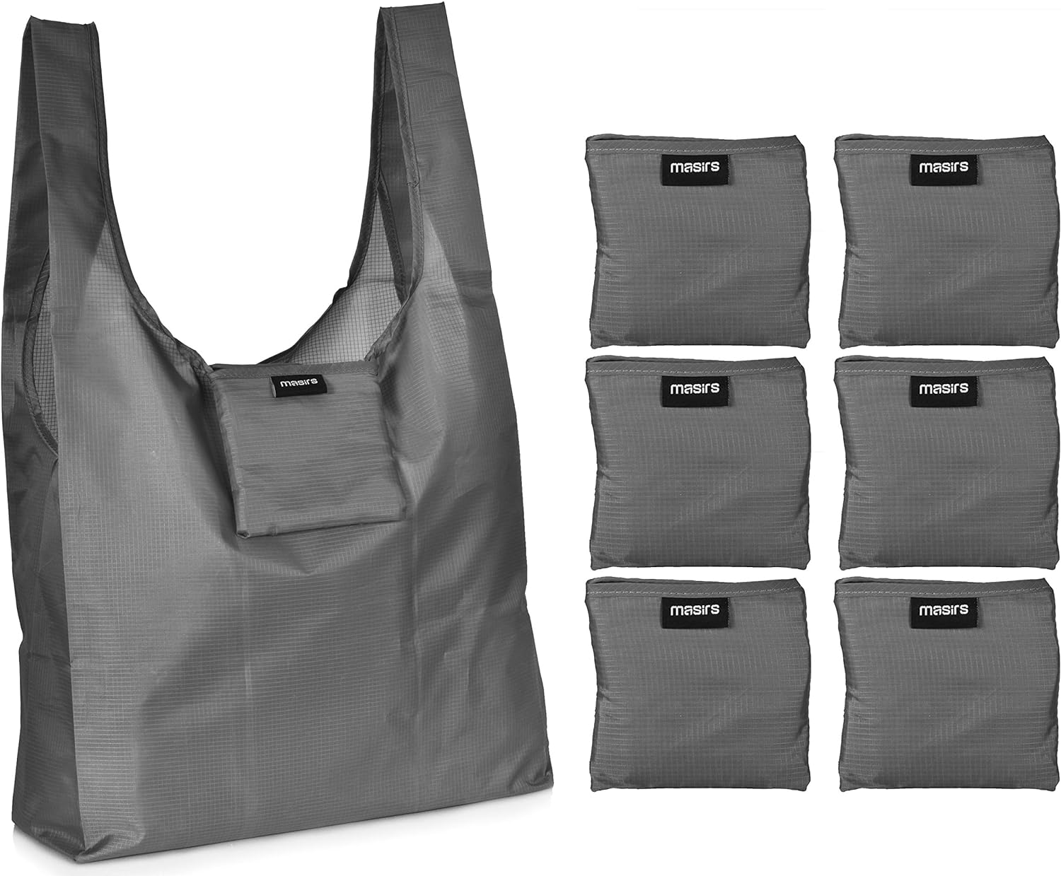 Masirs Ripstop Reusable Grocery Shopping Bag - Replace Paper and Plastic Bags with Large, Strong Eco Friendly Bags. Turns into a Carrying Pouch when Folded into Its Own Pocket. (GREY | 6-PACK)