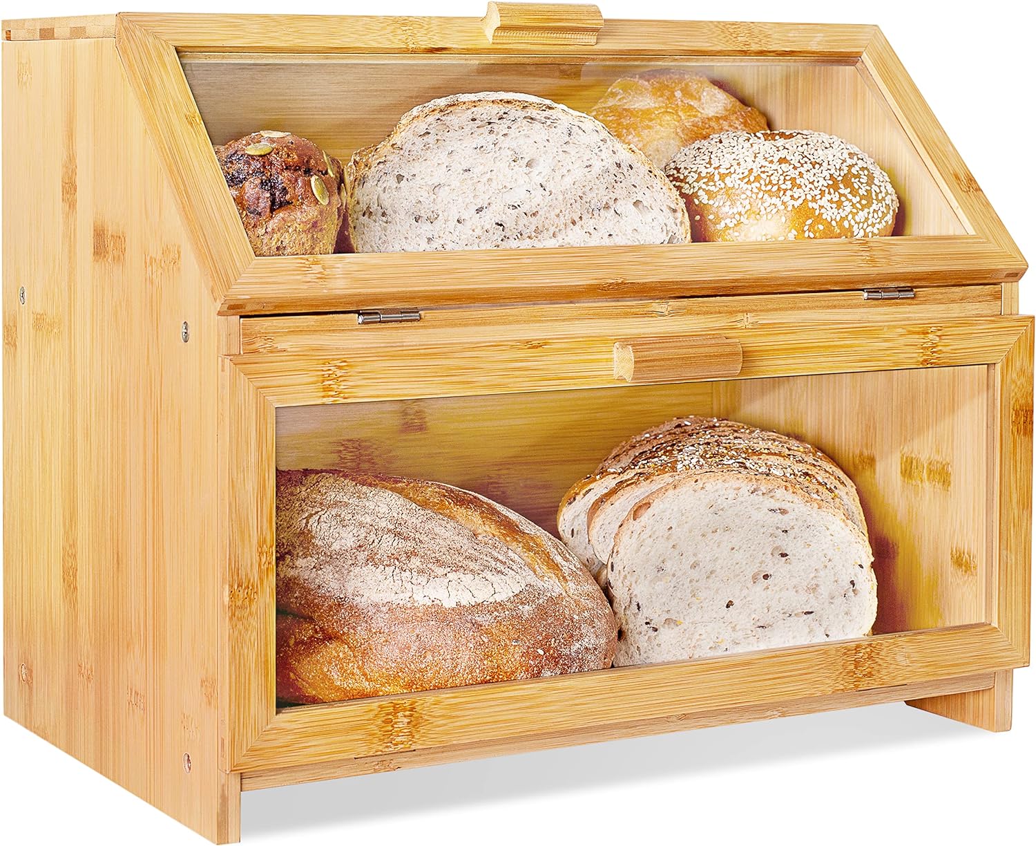 Laura' Green Kitchen Bamboo Bread Box for Kitchen Counter - Double Layer Bread Storage with Clear Windows - Rustic Farmhouse Style Bread Bin (Self-Assembly)