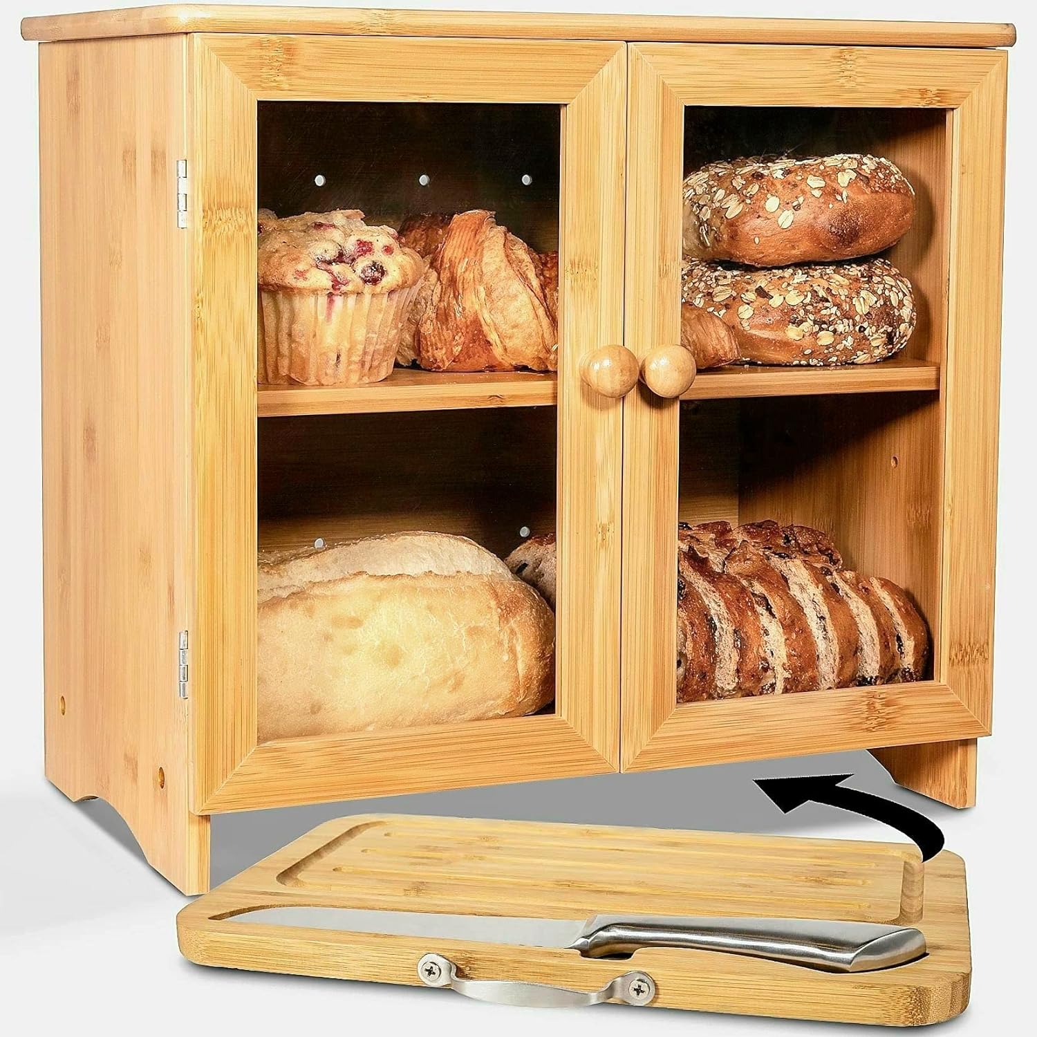 LuvURkitchen Large Bread Box for Kitchen countertop, Cutting Board, and Stainless Steel Bread Knife. Fully Adjustable shelf; bread storage container, wooden bread box, bread container, bread box large