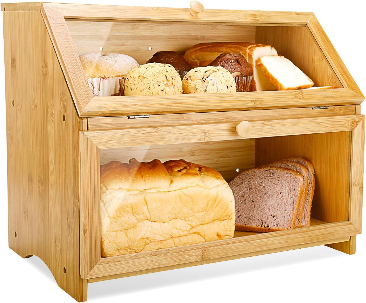 HOMEKOKO Double Layer Large Bread Box for Kitchen Counter, Wooden Large Capacity Bread Storage Bin (Natural Bamboo)