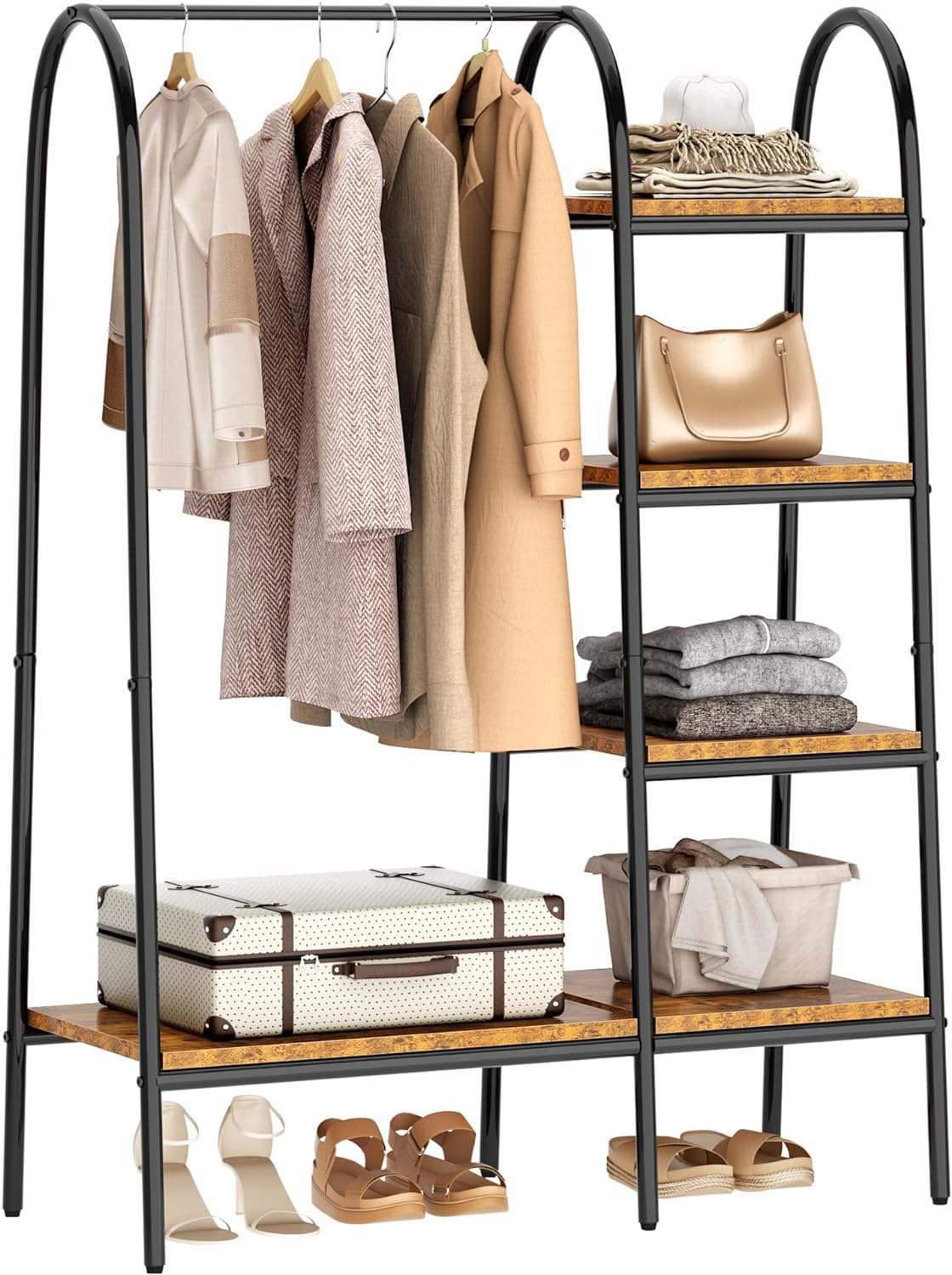 soges Clothes Rack, Metal Garment Rack with 4-Tier Wood Storage Shelves, Heavy Duty Clothing Rack Hanging Rods for Hanging Clothes, Freestanding Closet Organizer Coat Rack, Rustic Brown