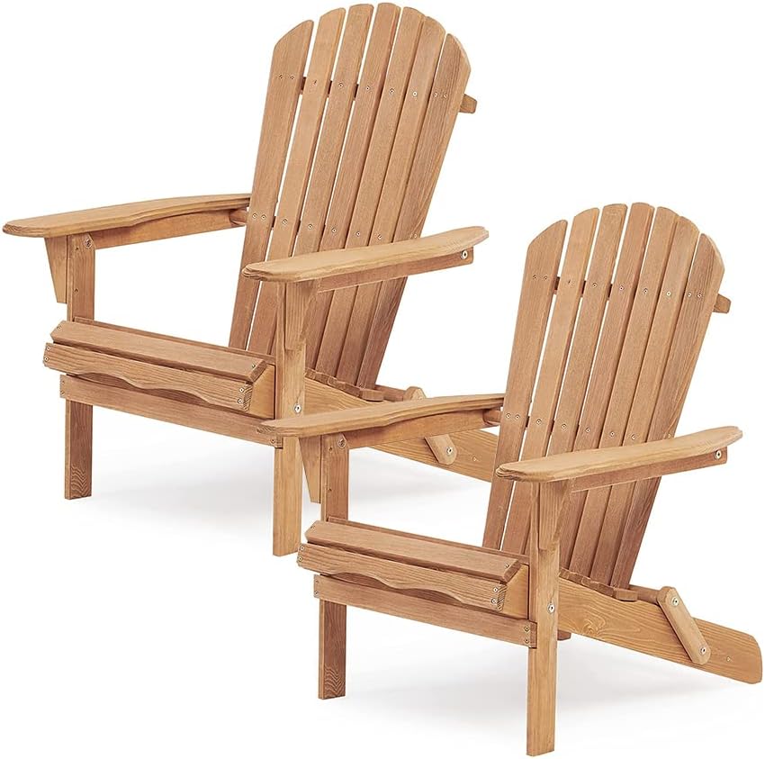 WILLIAMSPACE Wooden Folding Adirondack Chair Set of 2, Wood Lounge Patio Chair for Garden Outdoor, Solid Cedar Wood Lounge Patio Chair for Garden, Lawn, Backyard - Light Brown