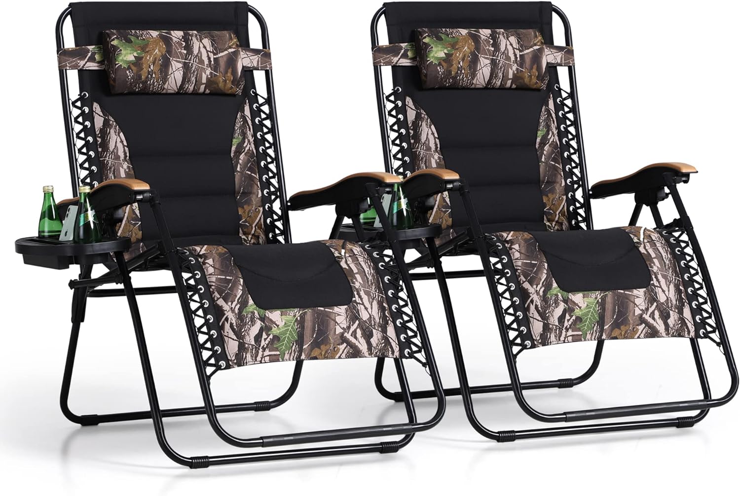 PHI VILLA XXL Oversized Padded Zero Gravity Chair, Foldable Patio Recliner, 30 Wide Seat Anti Gravity Lounger with Cup Holder, Set of 2, Support 400 LBS (Camouflage)