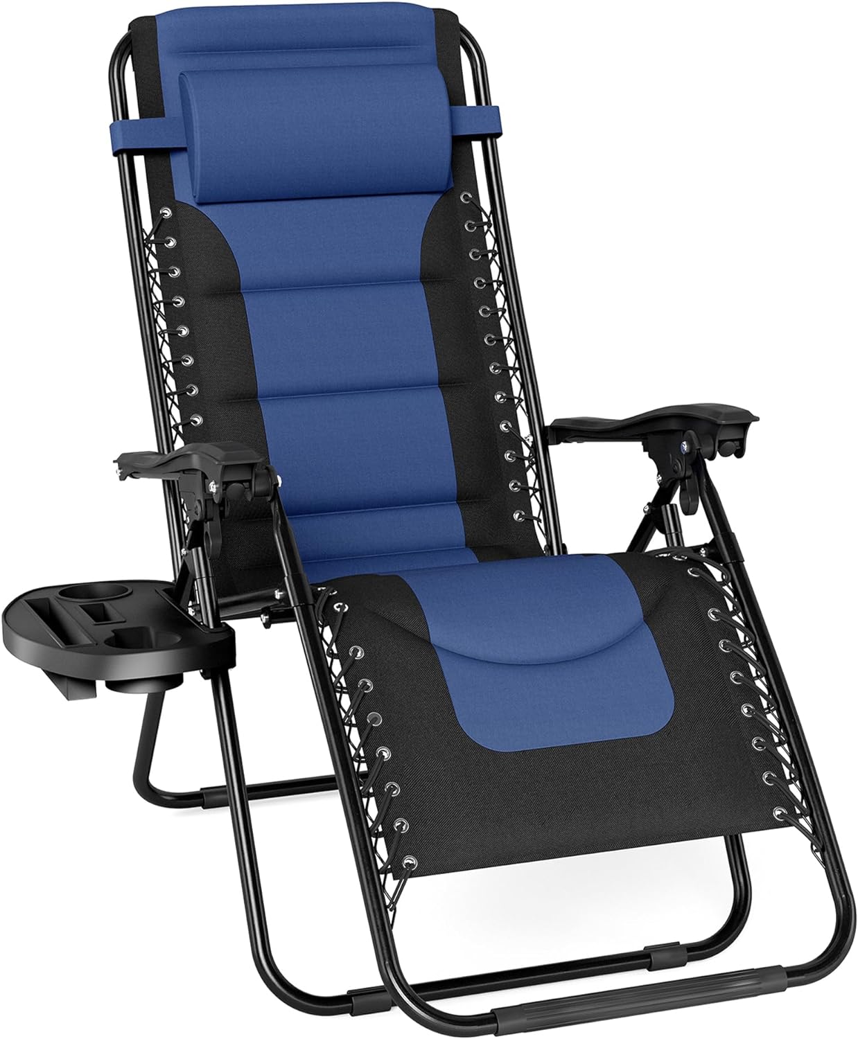 PHI VILLA Oversized Padded Zero Gravity Lounge Chair Folding Patio Recliner with Adjustable Headrest & Cup Holder, Support 350 LBS (Blue)