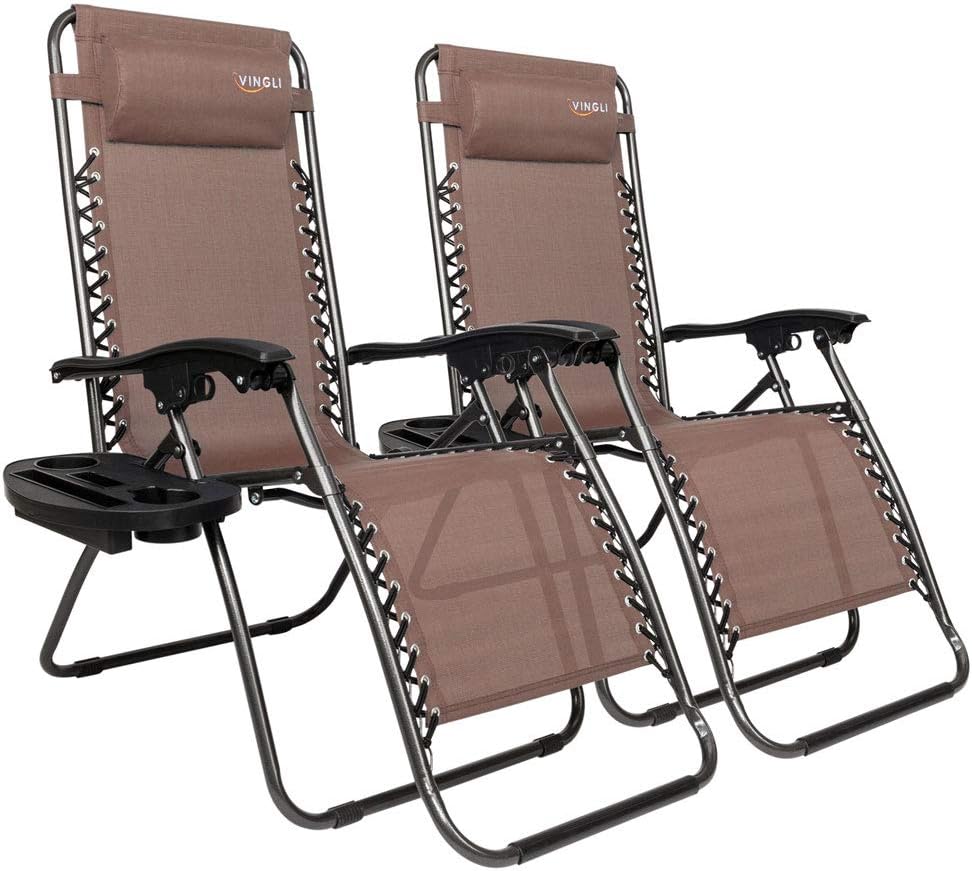 VINGLI Upgraded Zero Gravity Chair Set of 2 Lounge Outdoor Chairs with Trays and Pillows, Folding Patio Recliner Chairs for Backyard Poolside Garden