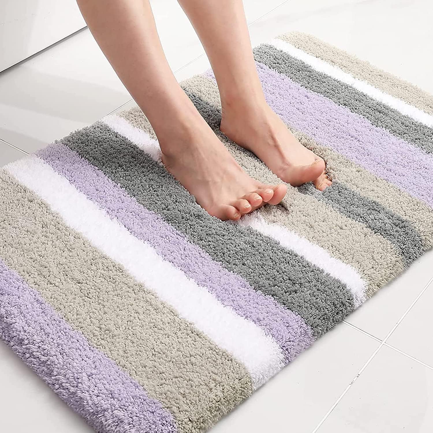 Buganda Microfiber Striped Bathroom Rugs Bath Mat, Extra Thick, Soft and Shaggy, Absorbent, Machine Washable, Anti-Slip Bath Rugs for Bathroom, Tub and Shower, 24x16, Purple-Grey