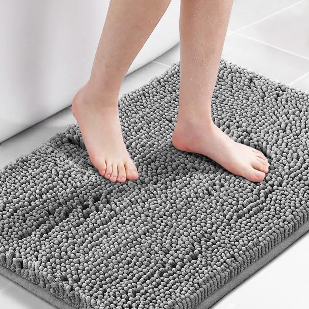 H.VERSAILTEX Chenille Bath Mats Thick Soft Absorbent for Bathroom, Microfiber Dries Quickly, Shaggy Washable Plush Durable Rug, Bathtub and Shower Floor, 24x17, Grey