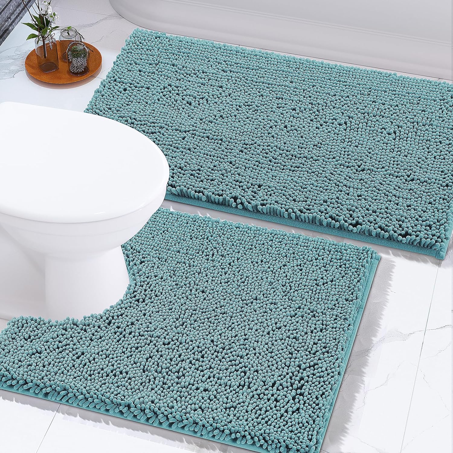 Yimobra Chenille Bathroom Rug Sets U-Shape, Luxury Thick Absorbent Plush Rug, Soft Shaggy Bath Floor Mat, Non Slip, Machine Washable (31.5 x 19.8 + 24 x 19.5 Inches,Greyish-Green)