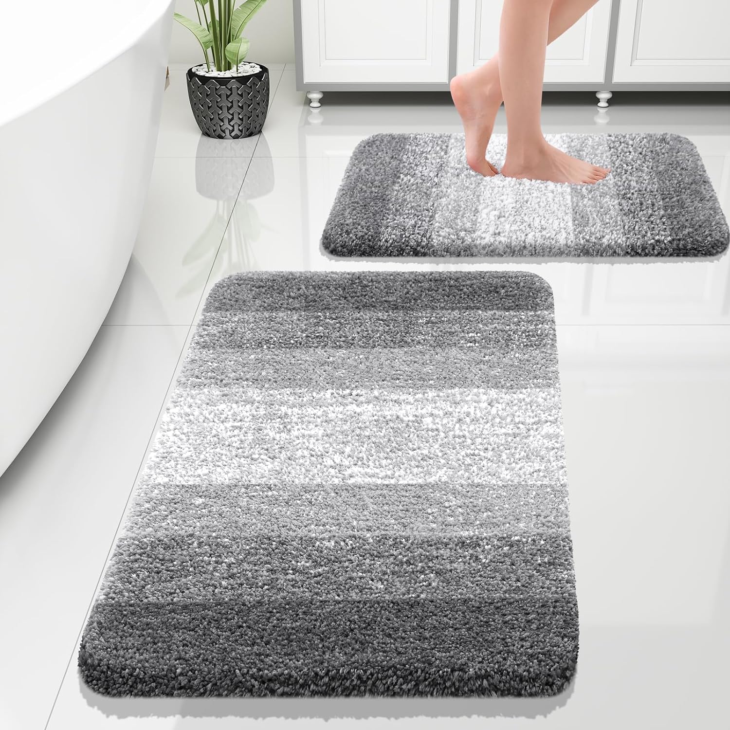 OLANLY Luxury Bathroom Rug Set 2 Piece, Soft Absorbent Microfiber Bath Rug Set, Non-Slip Striped Bath Carpet, Machine Wash Dry, Bath Mats for Bathroom (30x20+24x16, Grey)