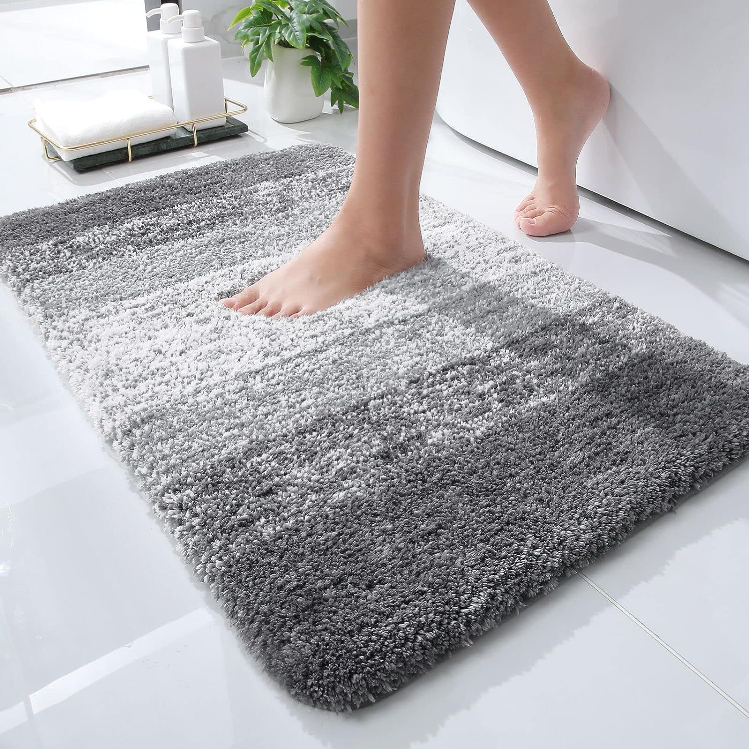 OLANLY Luxury Bathroom Rug Mat 24x16, Extra Soft and Absorbent Polyester Bath Rugs, Non-Slip Plush Shaggy Bath Carpet, Machine Wash Dry, Bath Mats for Bathroom Floor, Tub and Shower, Grey