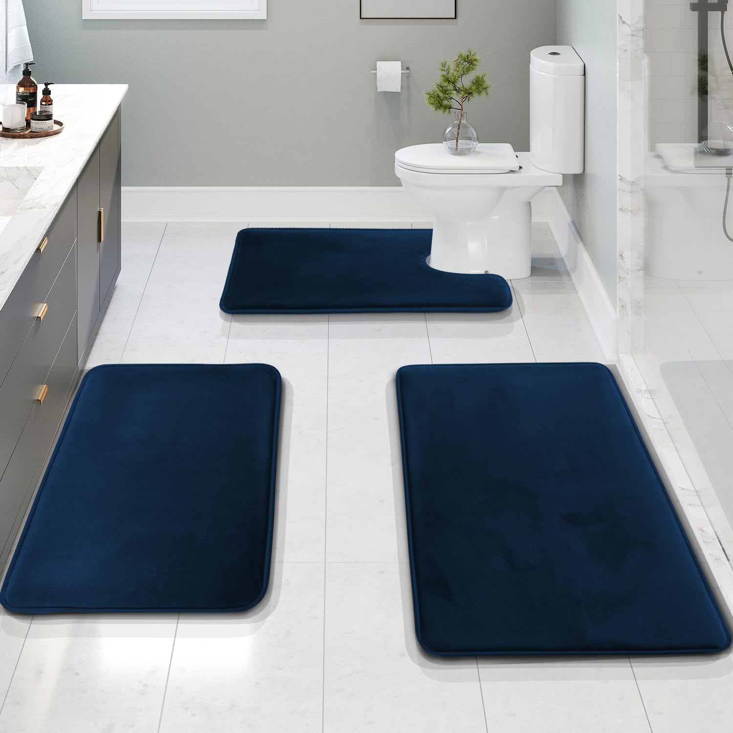 Clara Clark 3 Piece Bathroom Rugs Bath Mat Set, Velvet Memory Foam Bath Mats for Bathroom - Non-Slip, PVC Backing Bath Rugs, Washable Bathroom Rug Mats - Dries Quickly, Soft Blue Bathroom Rug Set