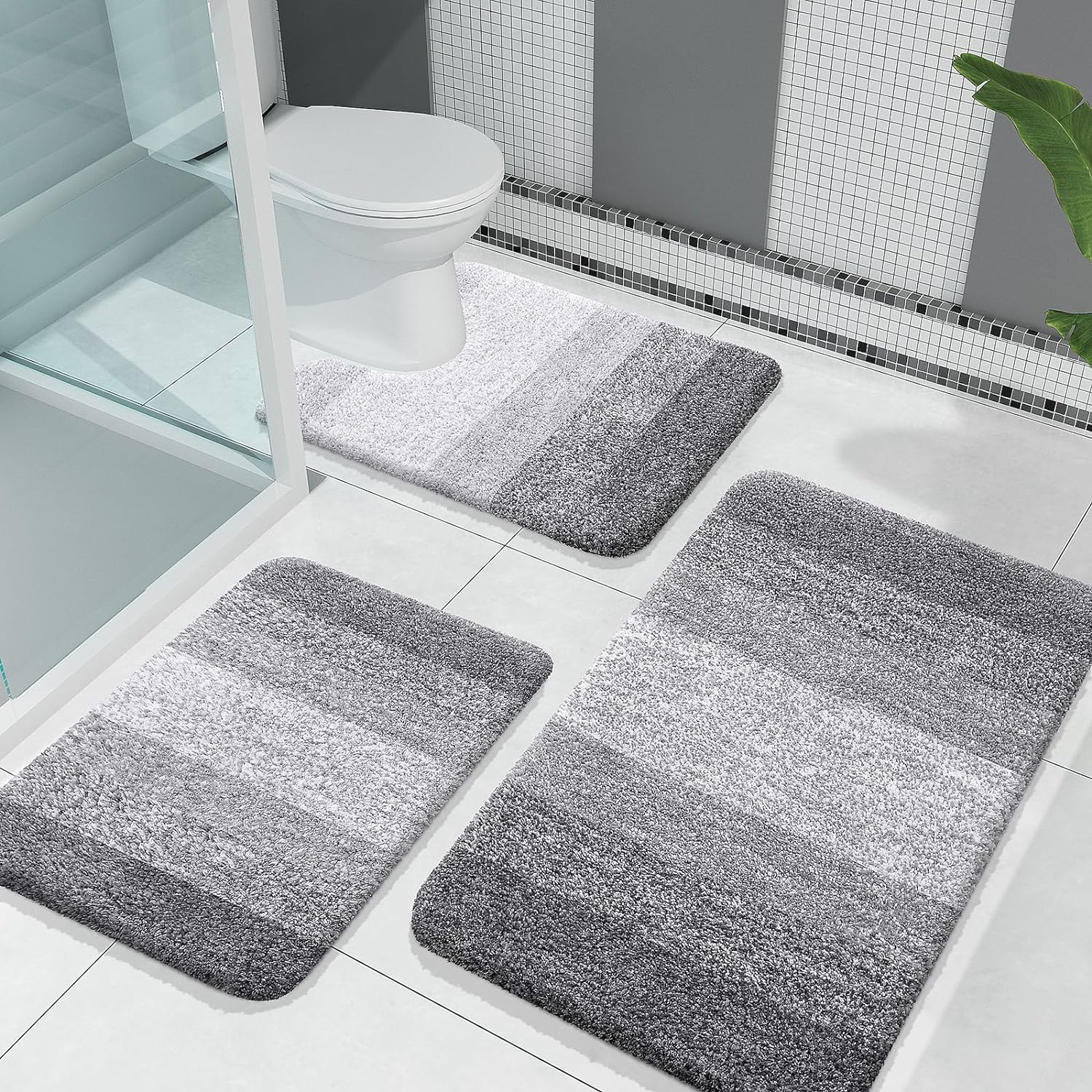 OLANLY Luxury Bathroom Rugs Sets 3 Piece, Soft Absorbent Microfiber Bath Rugs and U-Shaped Contour Toilet Rug, Non-Slip Plush Bath Carpet, Bath Mat Sets for Bathroom (30x20+24x16+24x20, Grey)