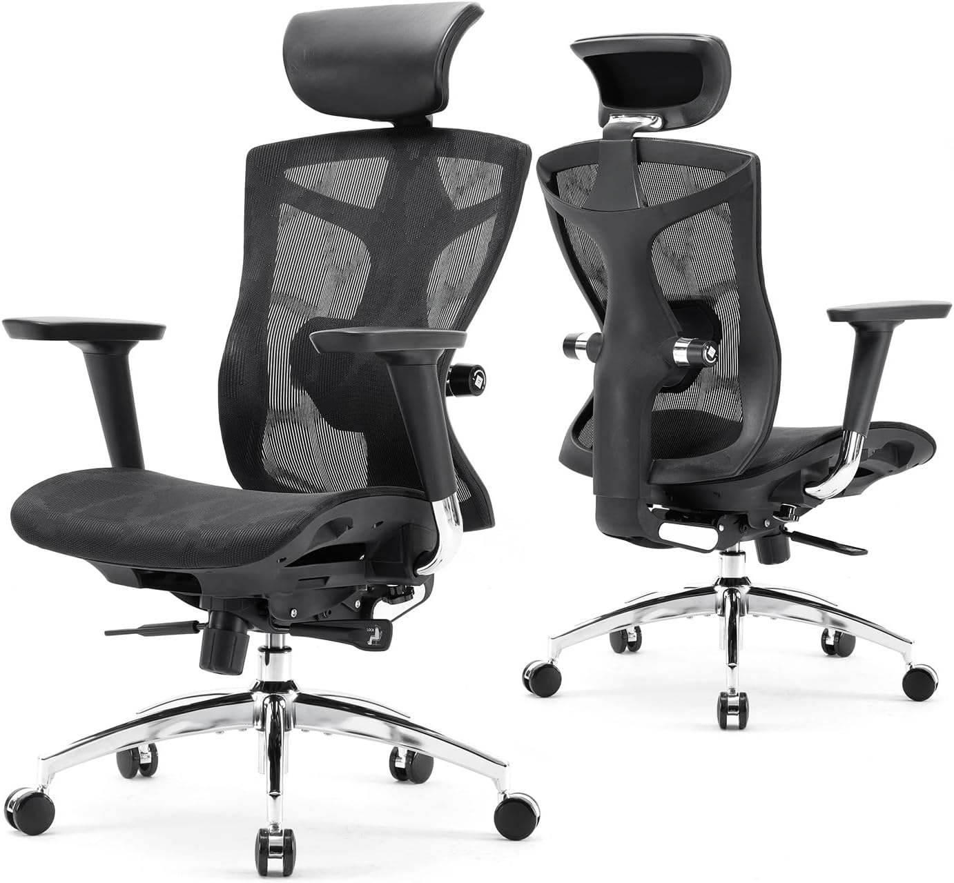 SIHOO Ergonomic Office Chair with 4D Arms, 2-Way Lumbar Support, Depth Adjustable Seat, PU Headrest, Height Adjustable Backrest, High Back Computer Desk Chair (Black)