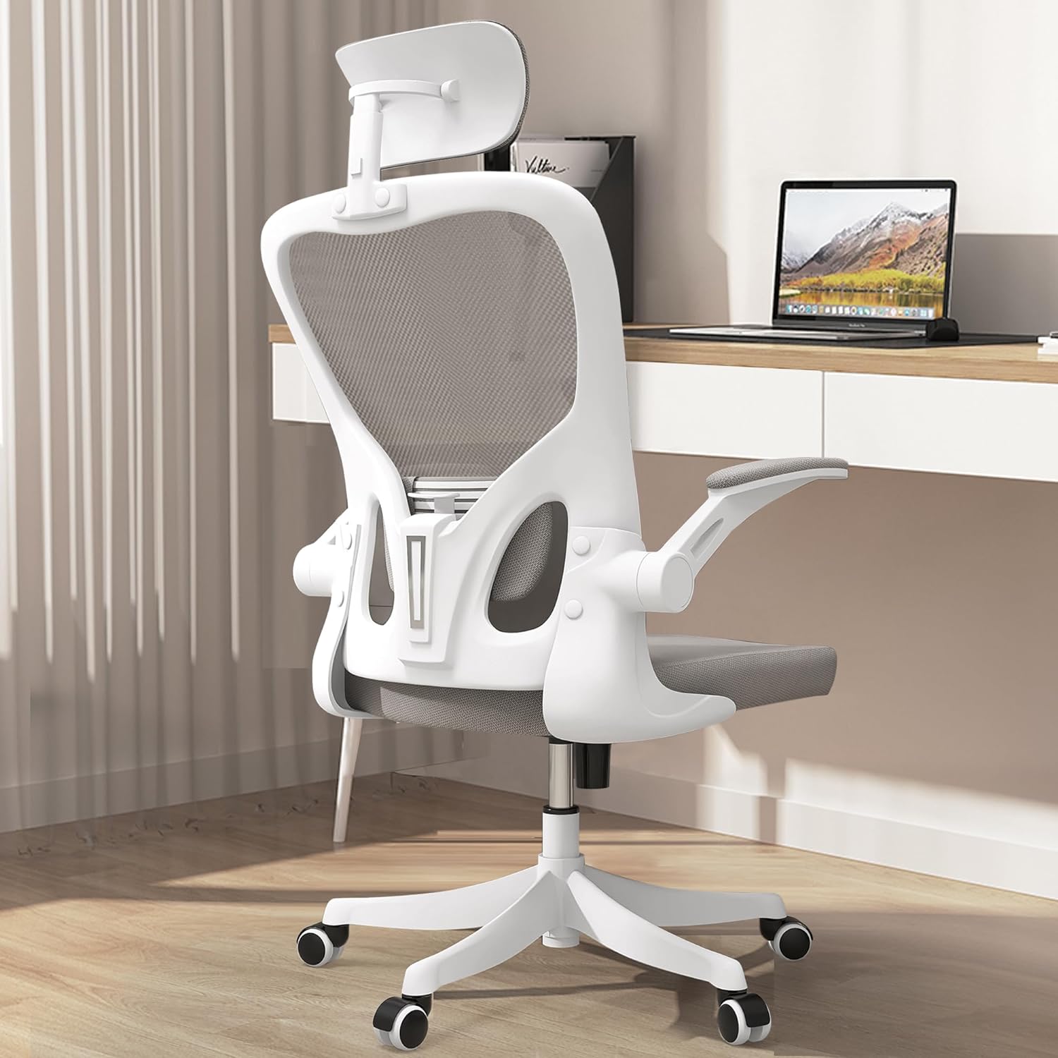 Office Chair, Ergonomic Office Chair, Home Office Desk Chairs with Lumbar Support, 3D Headrest and Flip Up Arms, Rockable Swivel Computer Chair Grey Mesh Chair for Home Office