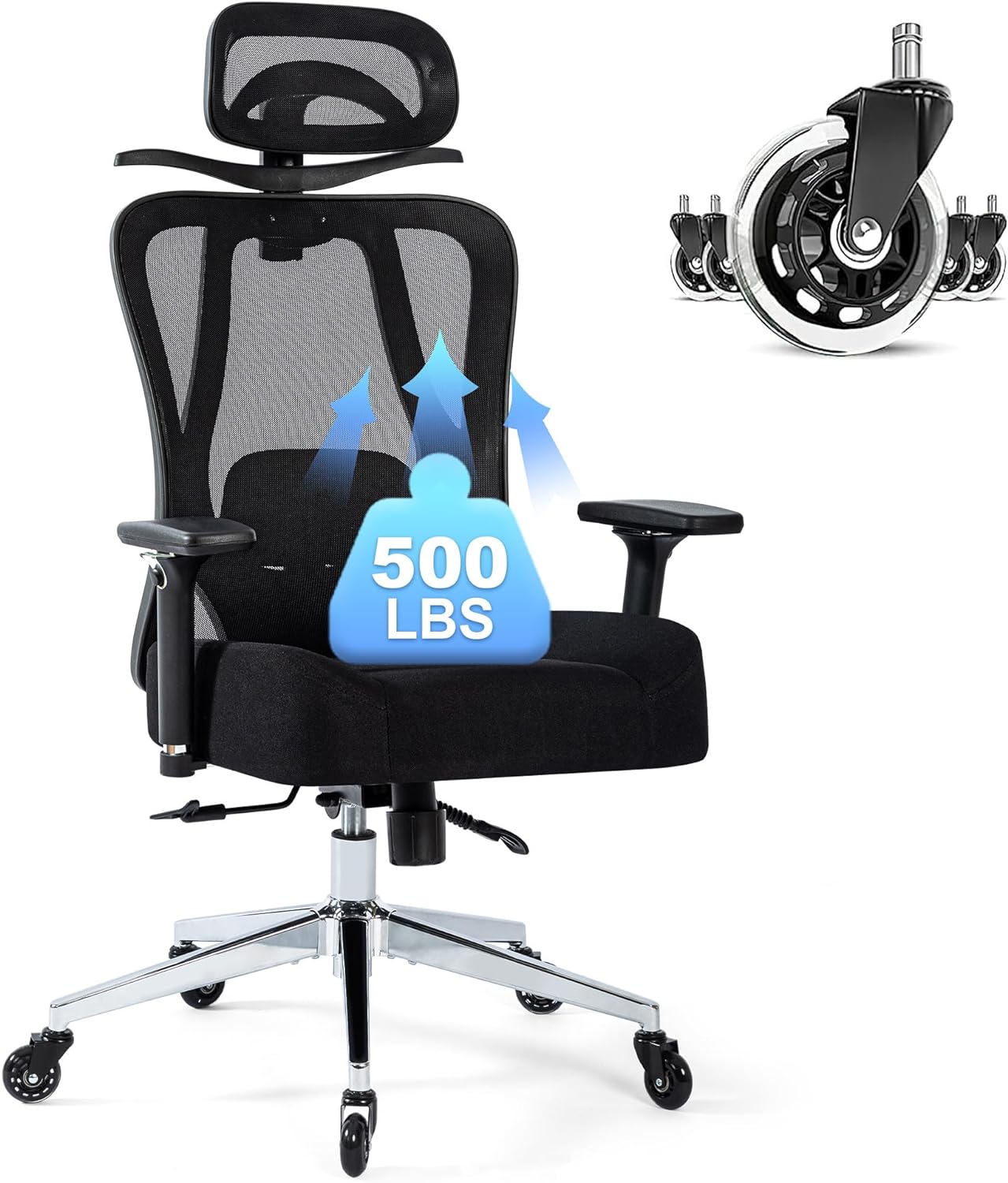 Big and Tall Office Chair 500lbs Ergonomic Mesh Desk Chair for Heavy People, Heavy Duty Computer Chair with Wide Thick Seat Cushion, 4D Armrest, Adjustable Headrest & Lumbar Support