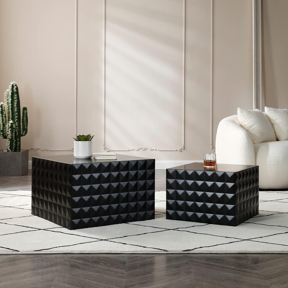 WILLIAMSPACE Nesting Coffee Table Set of 2, Matte Black Square Wooden Coffee Tables, Modern Luxury Side Tables Accent End Table for Living Room Apartment, 23.62*23.62*15.75H (Black-Square)