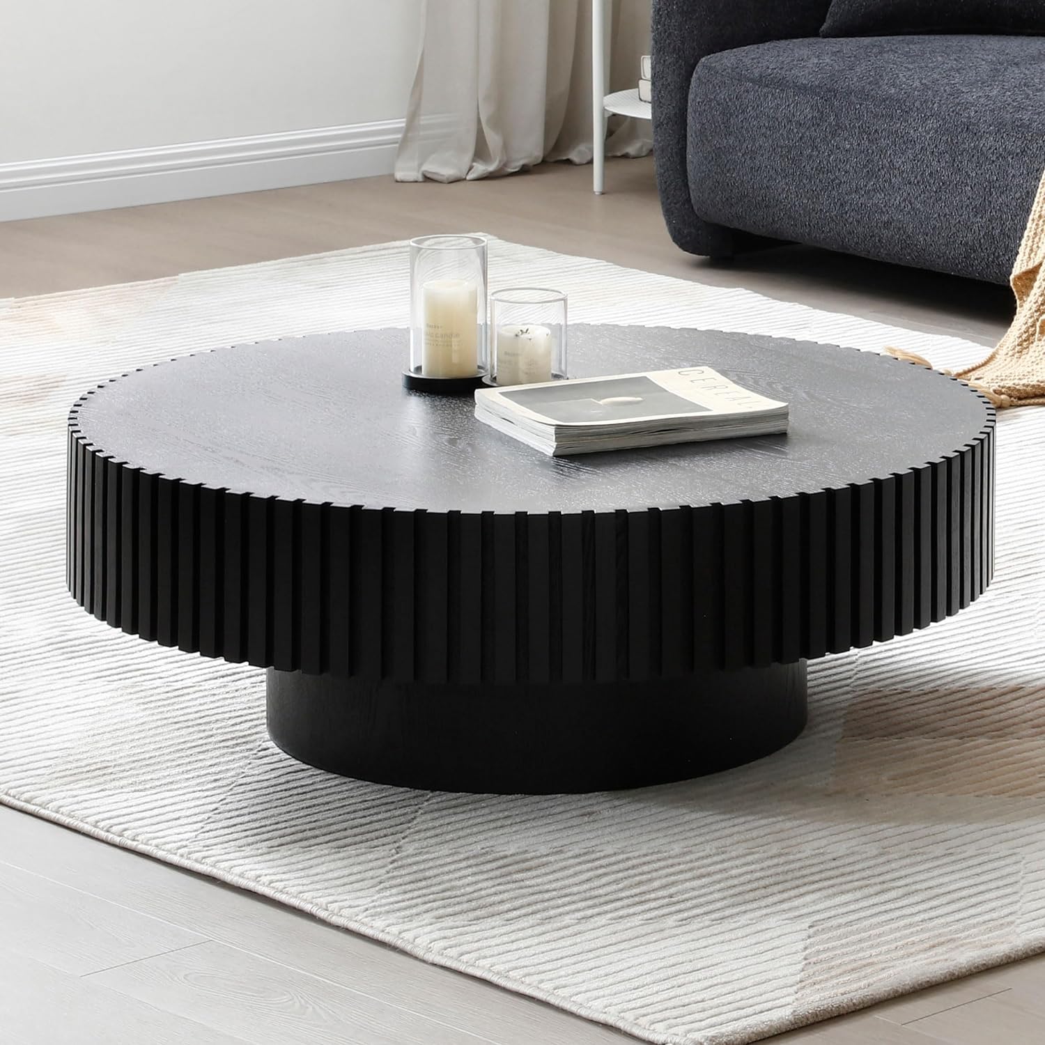 WILLIAMSPACE 31.49 Black Round Coffee Table, Modern Luxury Wood Circle Drum Center Table for Living Room, Accent Side Table End Table for Apartment, 31.49'' x 13.77''H (Black)