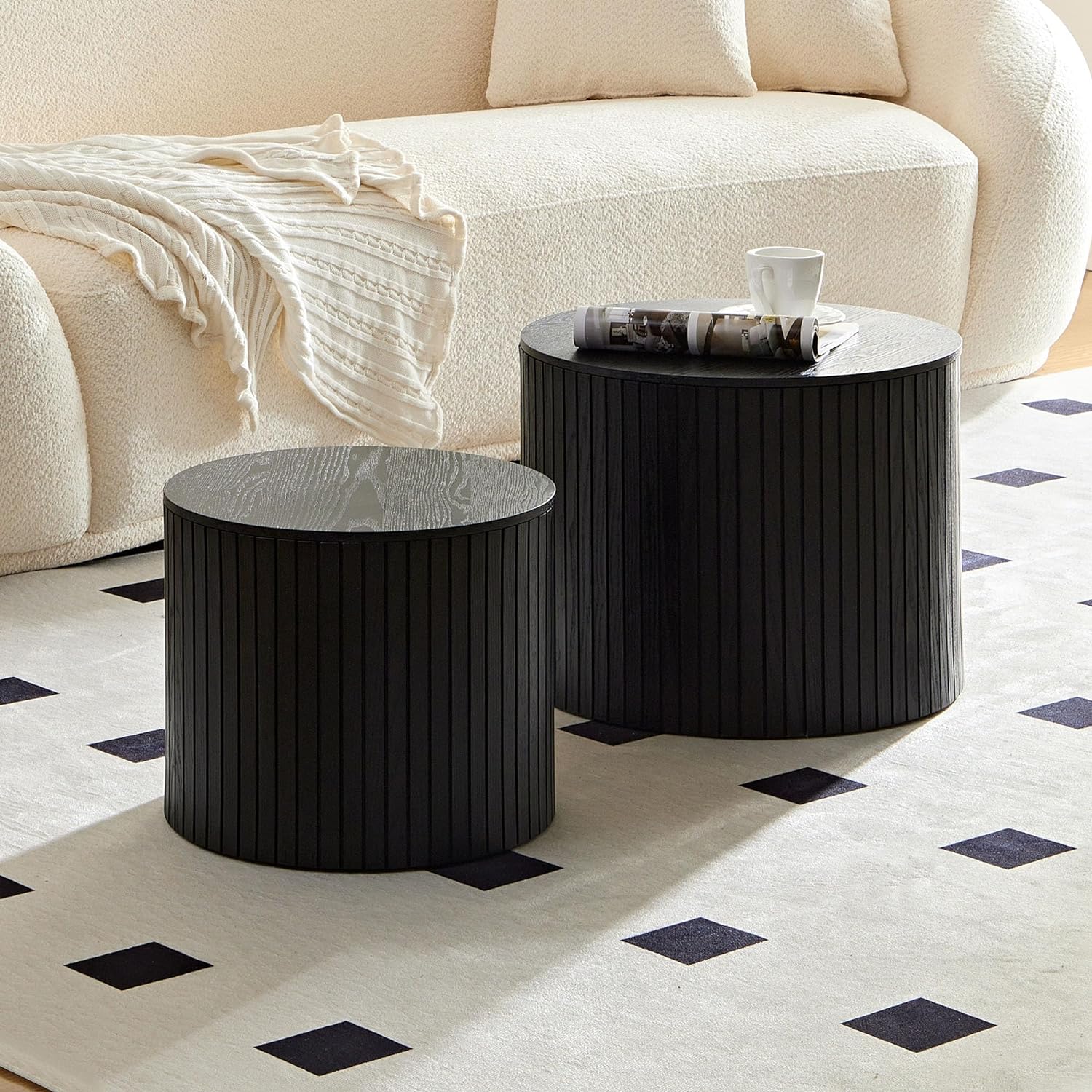 WILLIAMSPACE 19.17 Nesting Coffee Table Set of 2, Black Round Wooden Modern Circle Center Table with Storage for Living Room, Accent End Side Table for Small Space (Black)