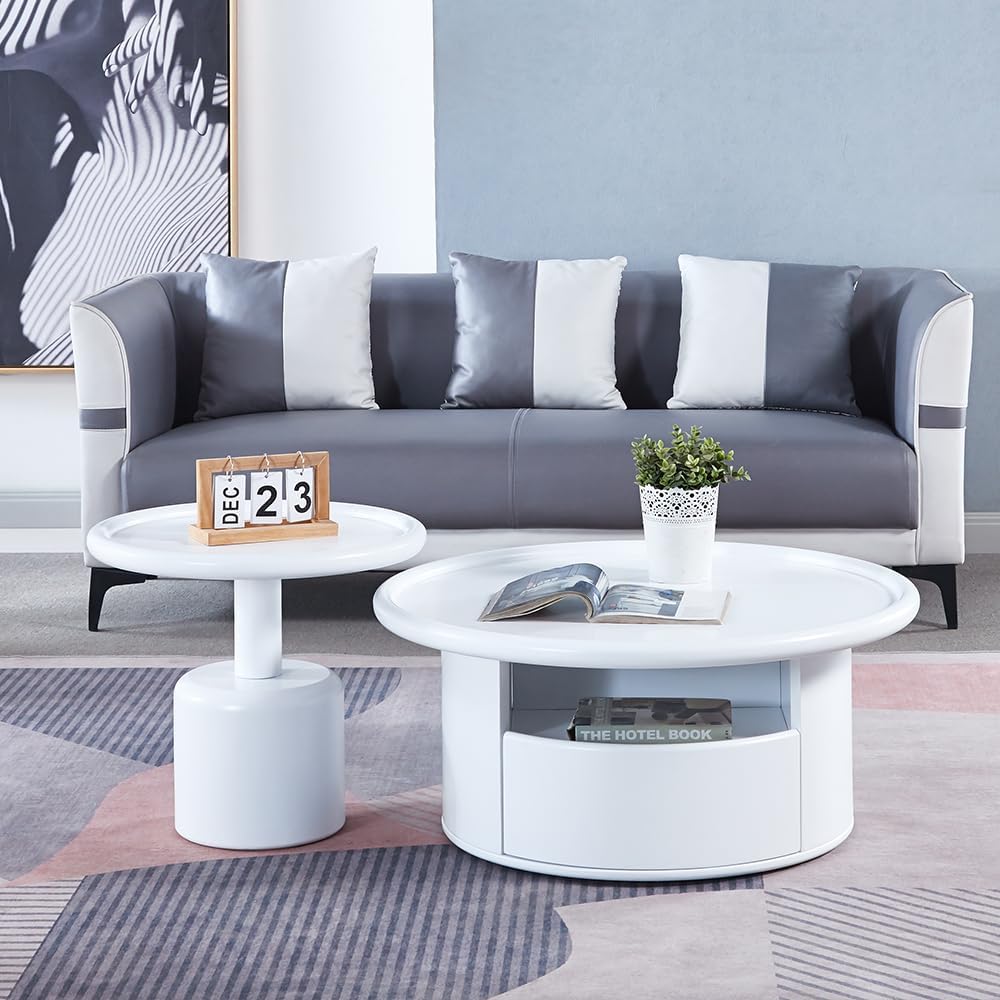 WILLIAMSPACE White Nesting Coffee Table Set of 2, Modern Luxury Round Wooden Coffee Table with 2 Large Drawers & Open Storage, Circle Accent Side Table End Table for Living Room Apartment (White)