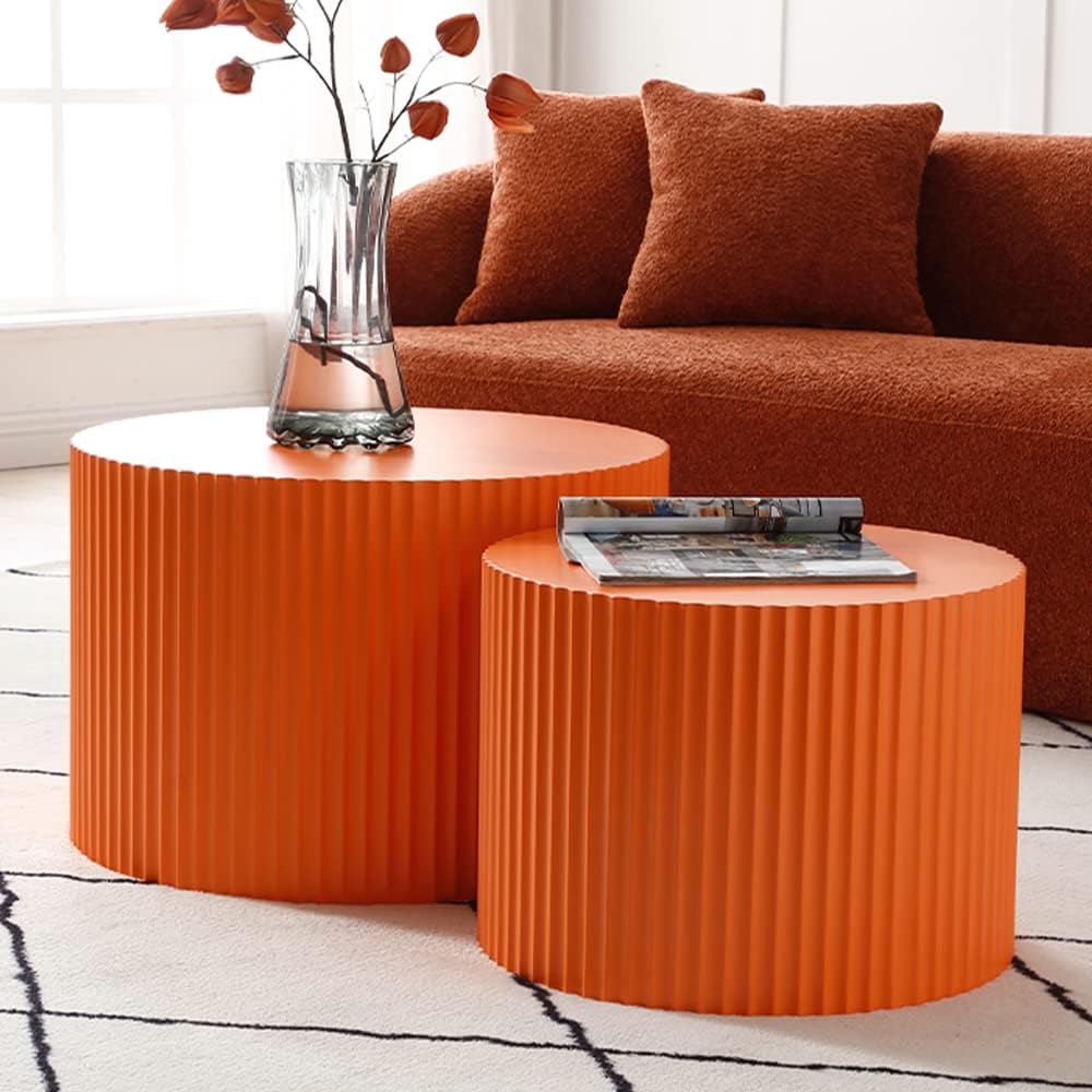 WILLIAMSPACE Nesting Coffee Table Set of 2, Matte Orange Round Wooden Coffee Tables, Modern Luxury Side Tables Accent End Table for Living Room Apartment, 23.62*23.62*15.75H (Orange,Round)