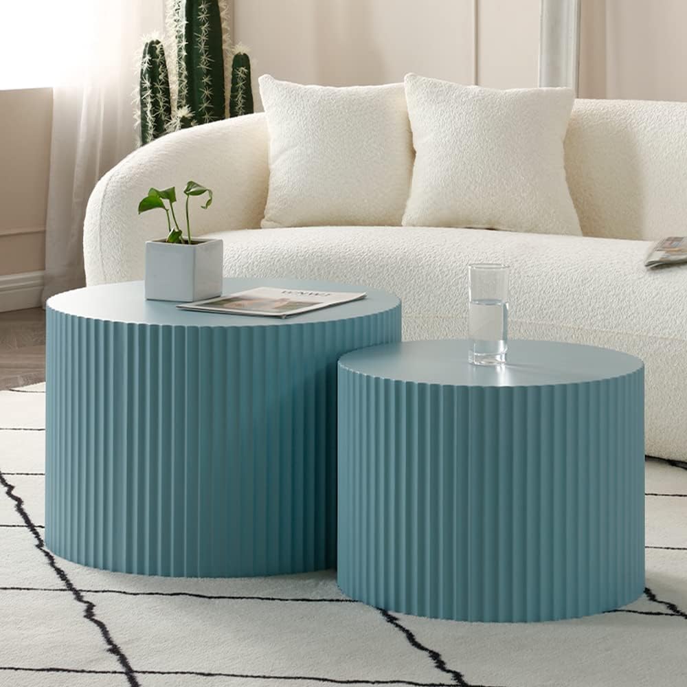 WILLIAMSPACE Nesting Coffee Table Set of 2, Matte Blue Round Wooden Coffee Tables, Modern Luxury Side Tables Accent End Table for Living Room Apartment, 23.62*23.62*15.75H (Blue-Round)